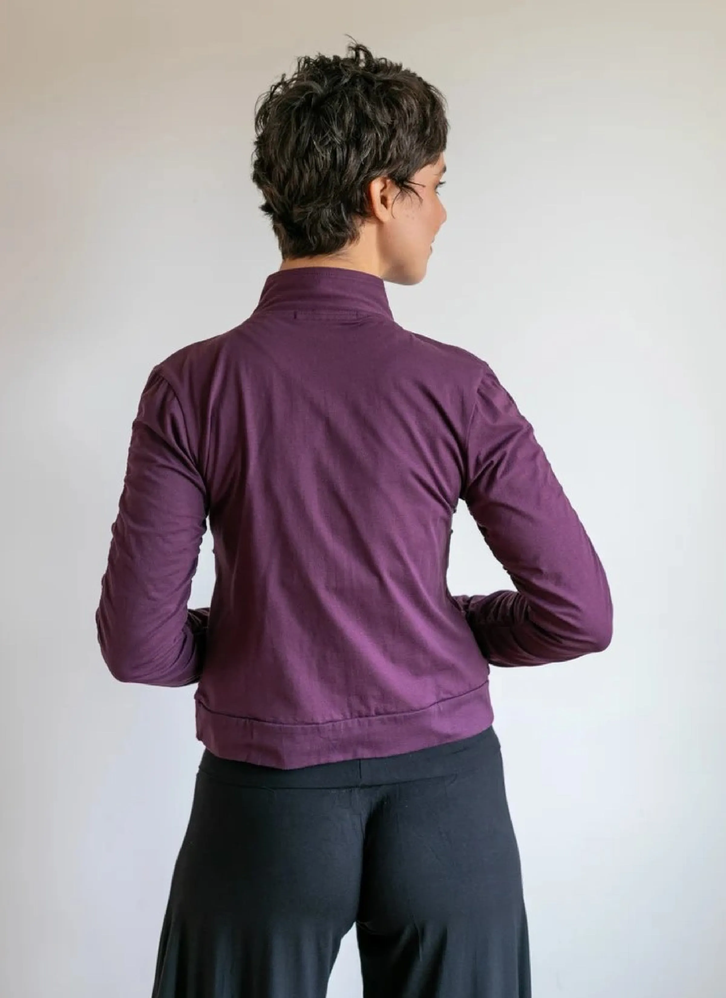 Mrs. Peacock Ruched Zip Front Jacket Eggplant