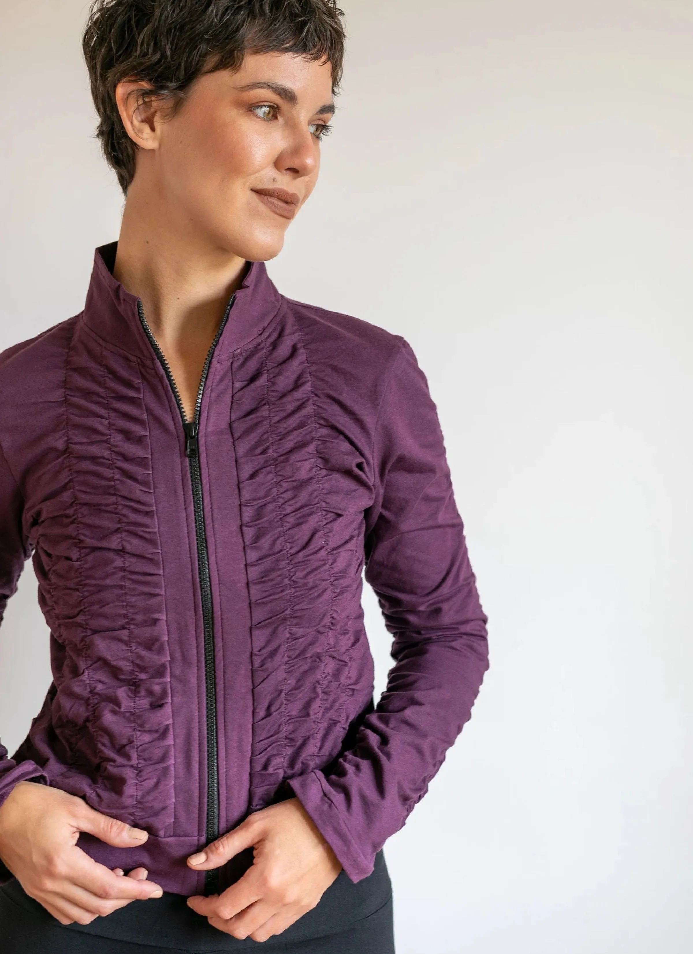 Mrs. Peacock Ruched Zip Front Jacket Eggplant