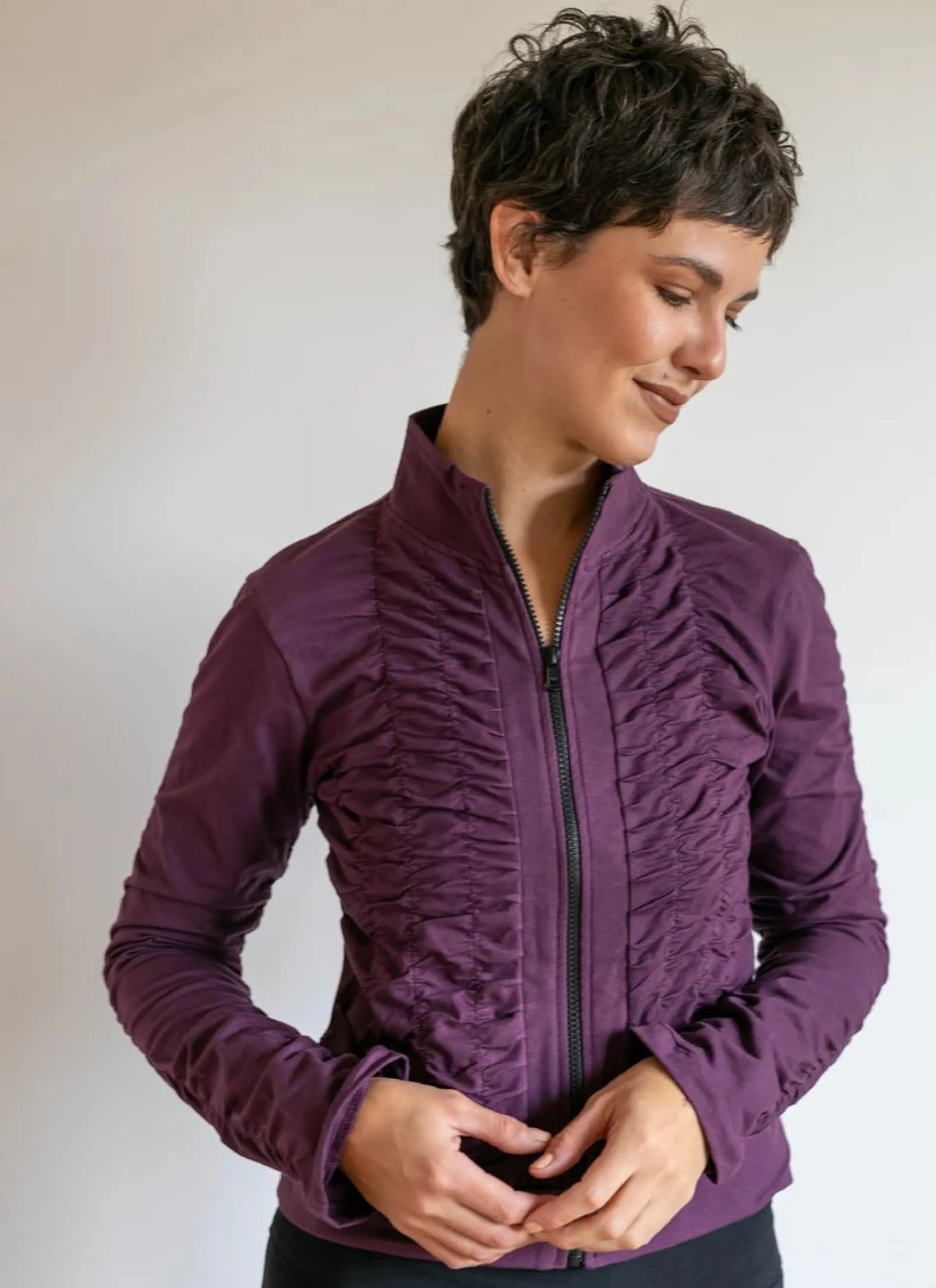 Mrs. Peacock Ruched Zip Front Jacket Eggplant