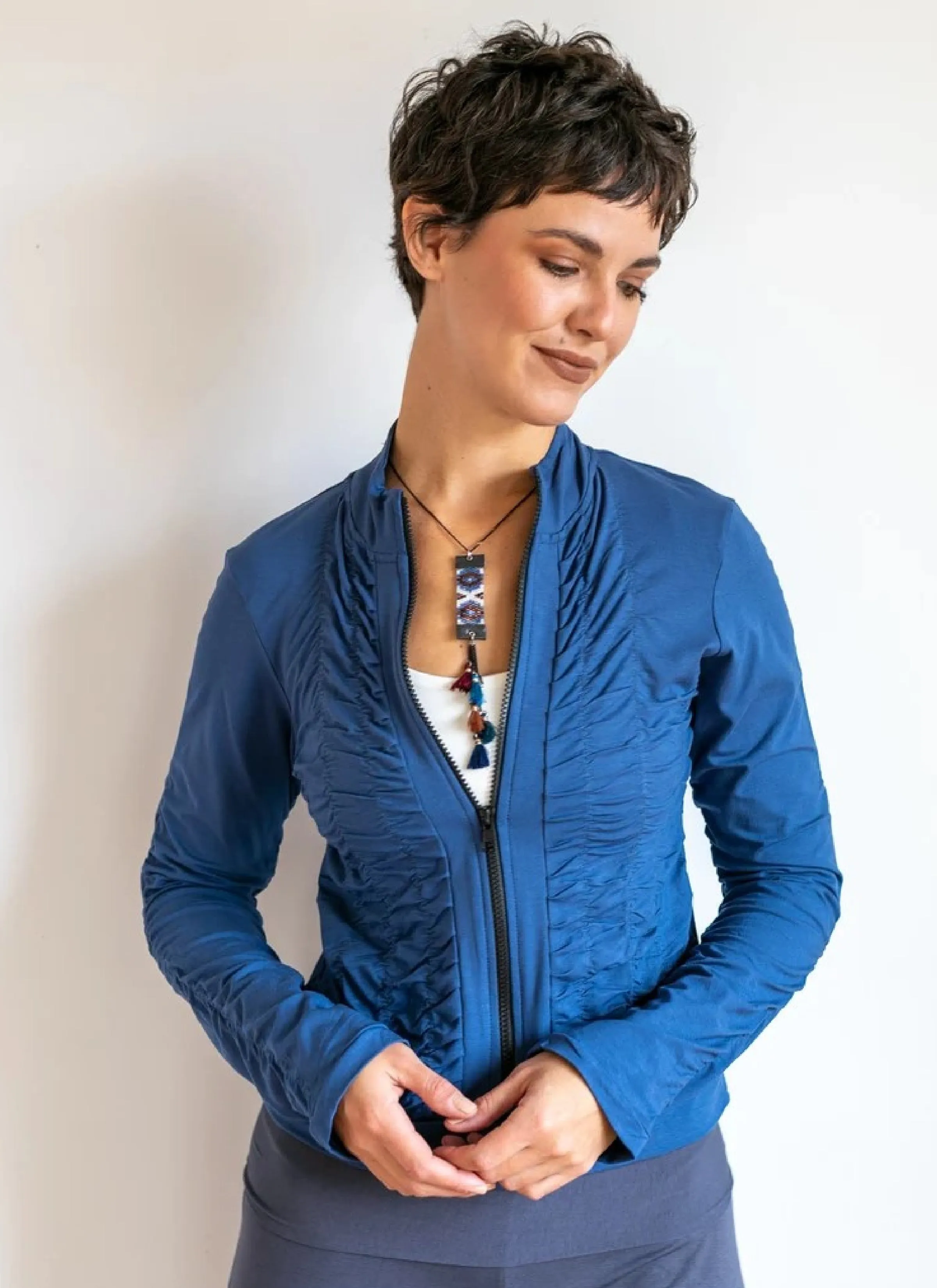 Mrs. Peacock Ruched Zip Front Jacket Indigo