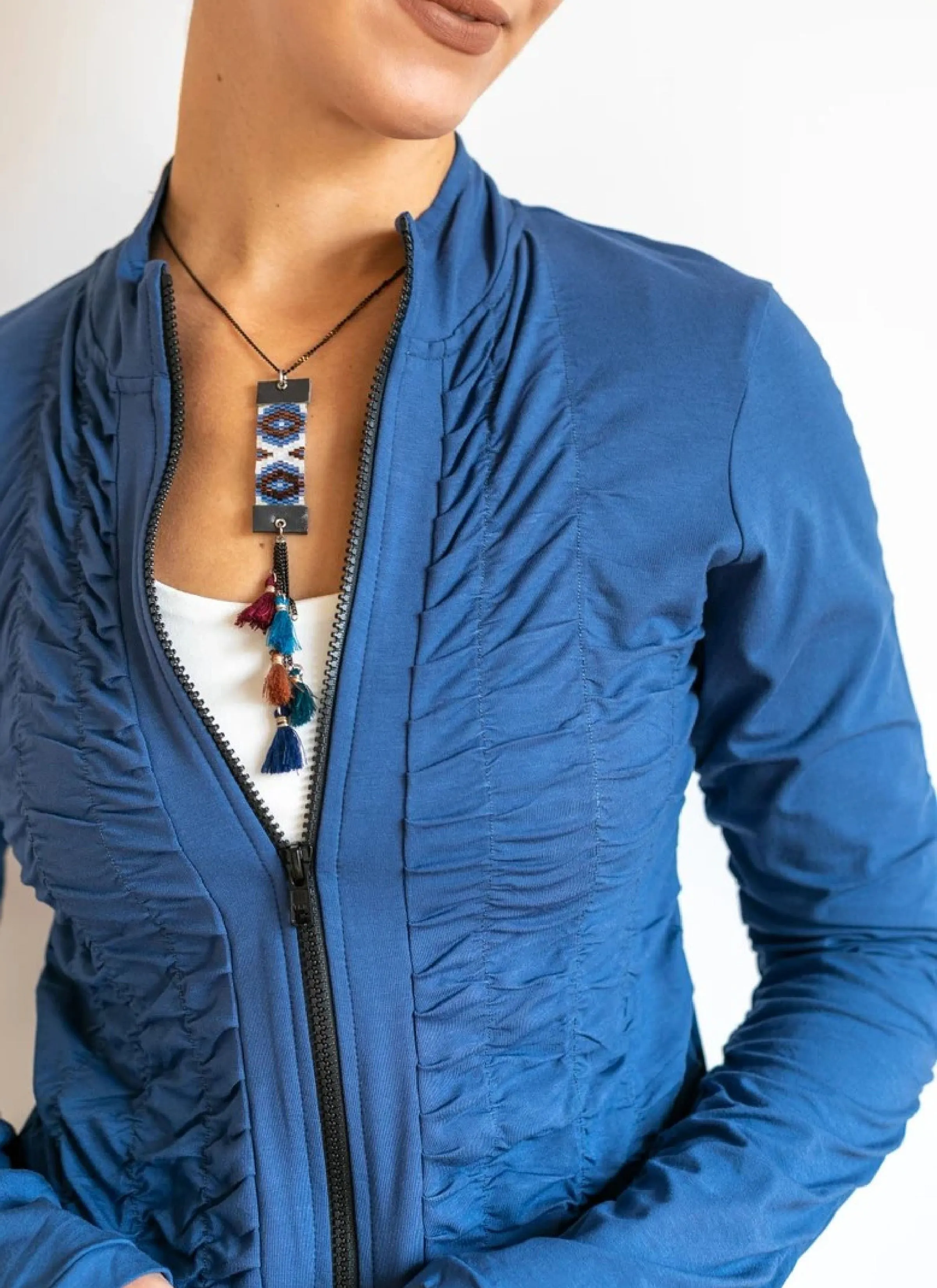 Mrs. Peacock Ruched Zip Front Jacket Indigo