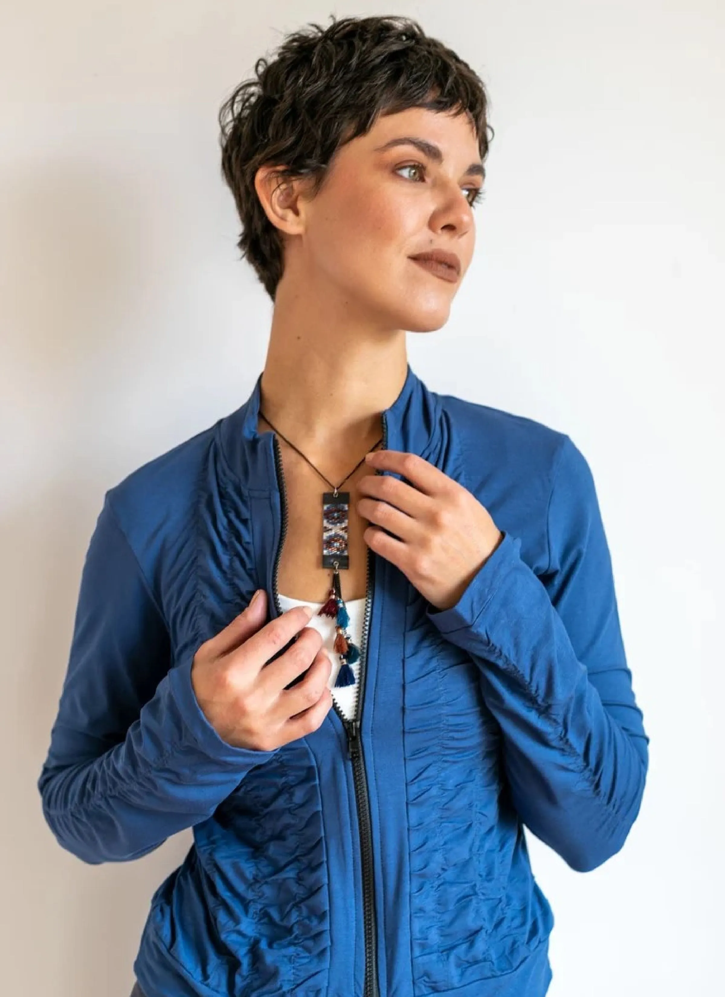 Mrs. Peacock Ruched Zip Front Jacket Indigo