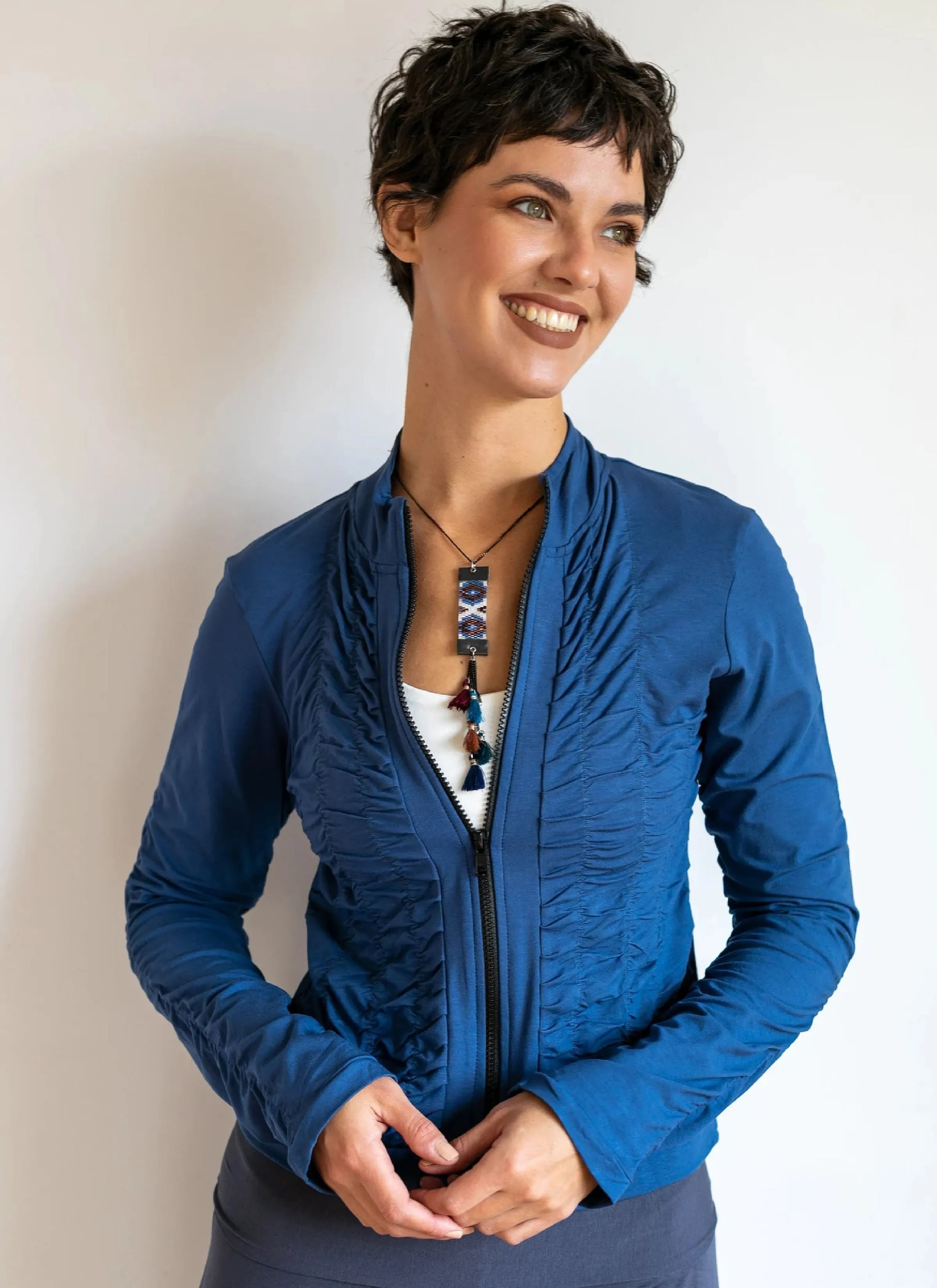 Mrs. Peacock Ruched Zip Front Jacket Indigo