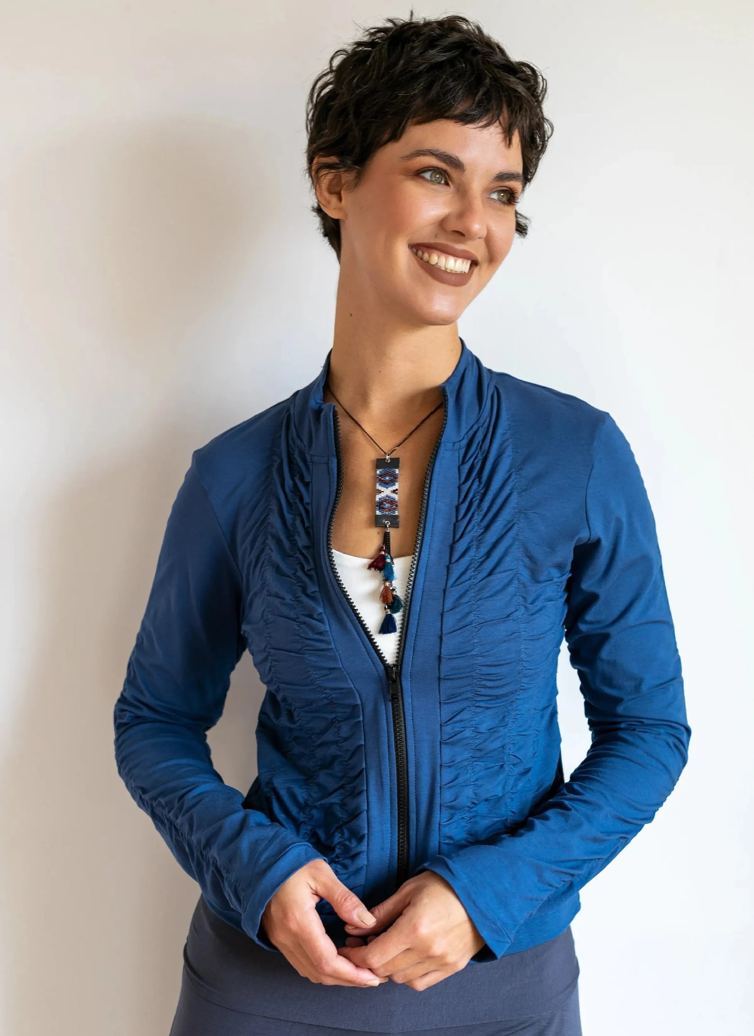 Mrs. Peacock Ruched Zip Front Jacket Indigo