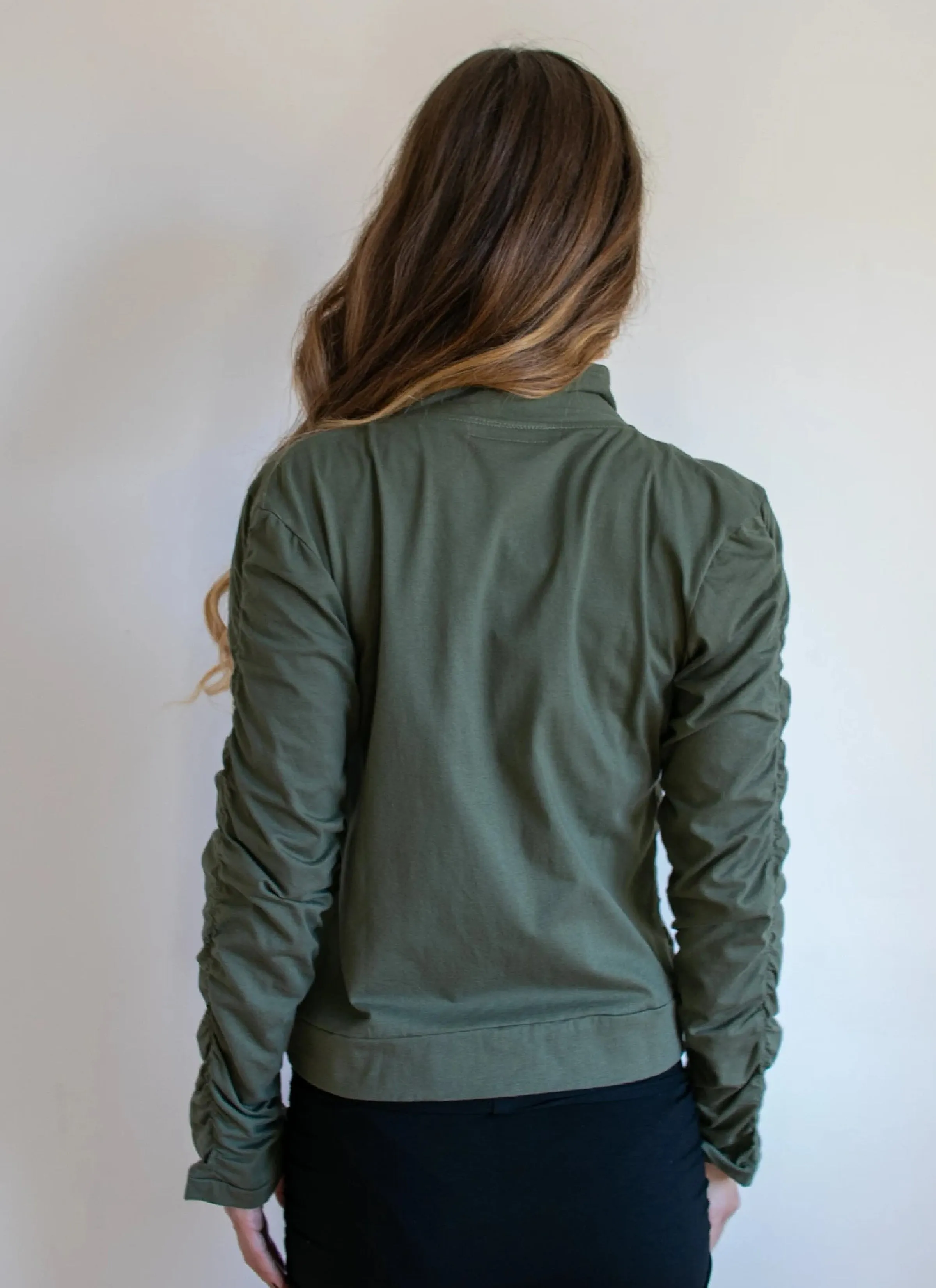 Mrs. Peacock Ruched Zip Front Jacket Olive