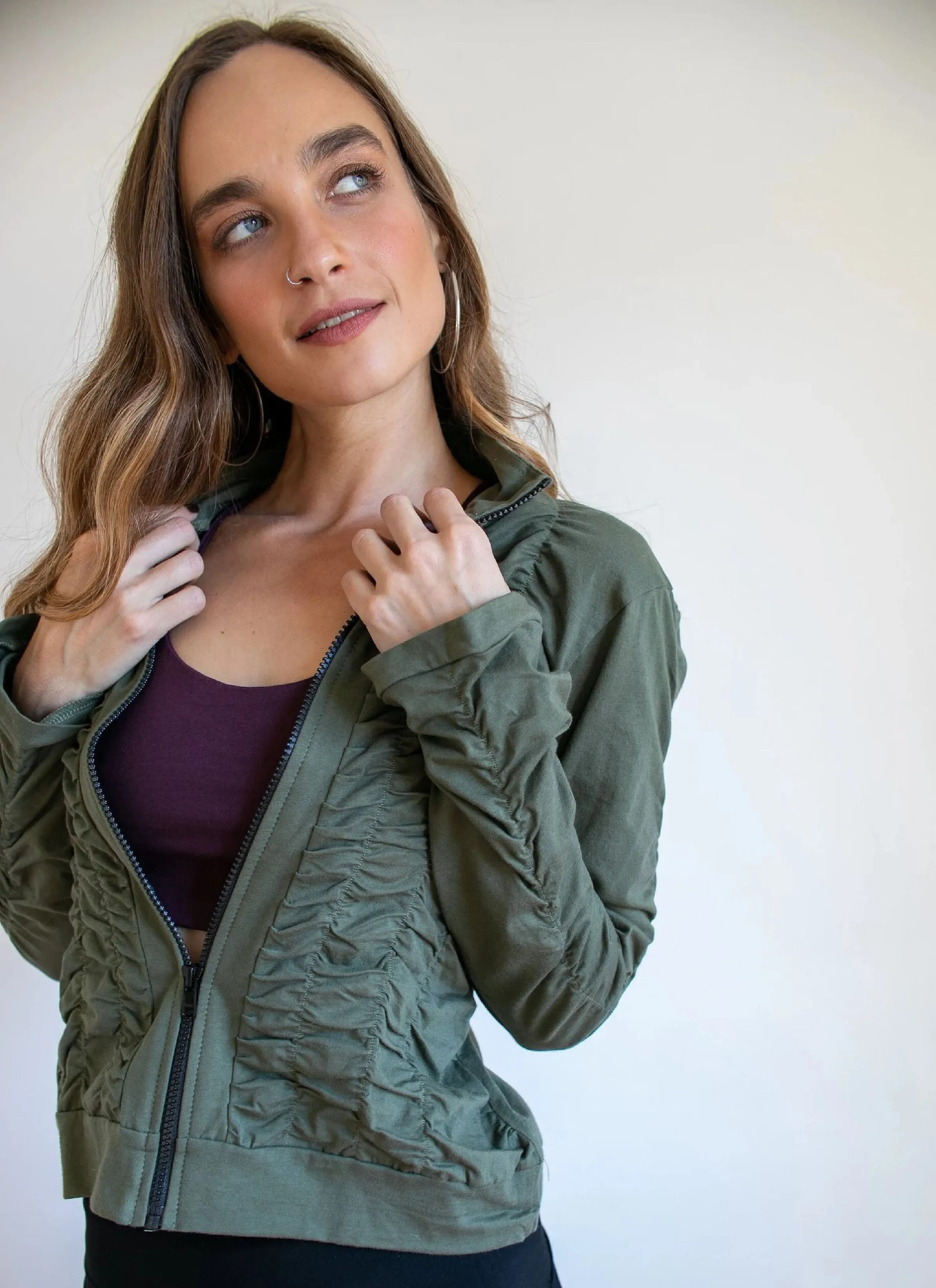 Mrs. Peacock Ruched Zip Front Jacket Olive