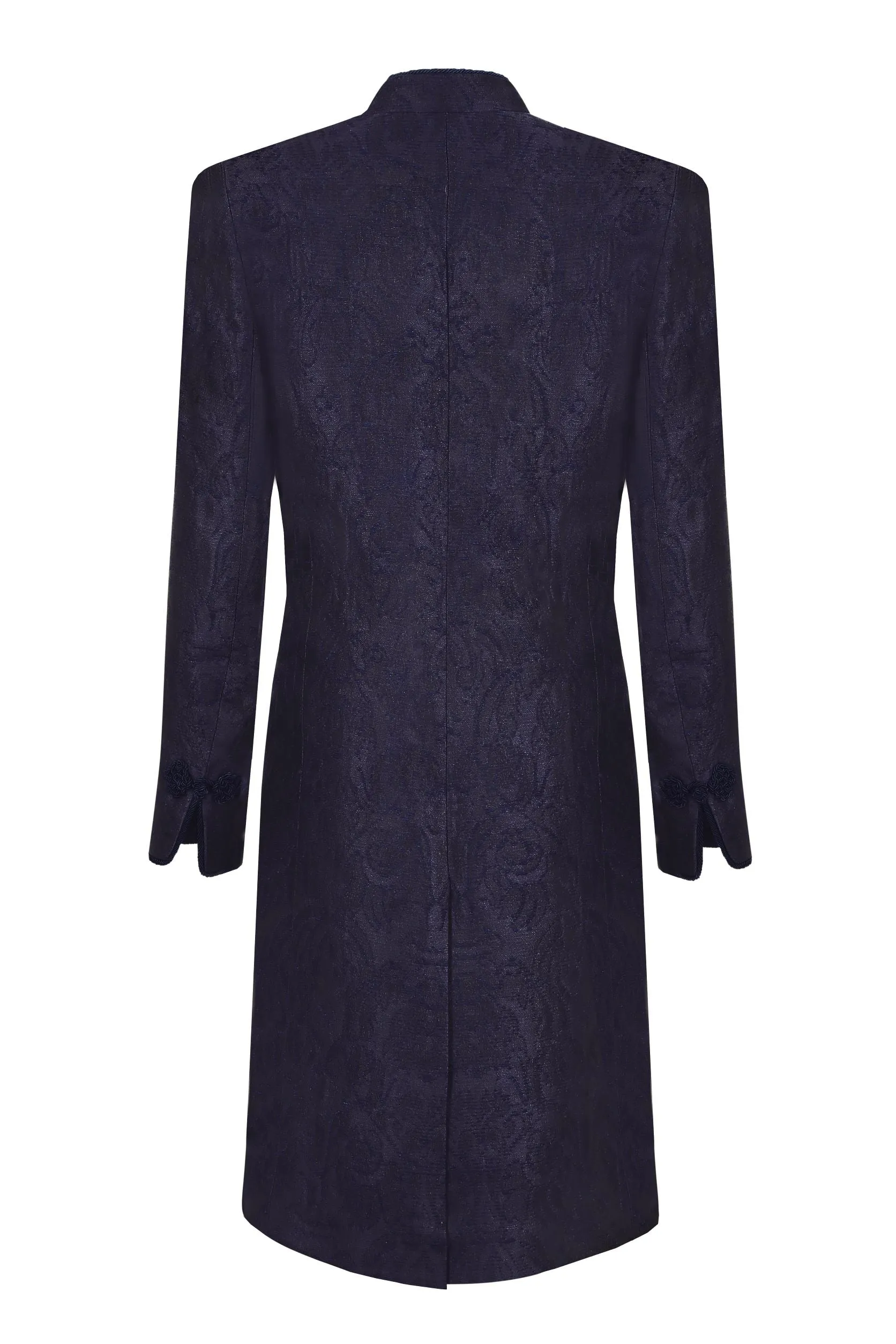 Navy Dress Coat in Winter Brocade with Cord Trim and Frogging - Vicky