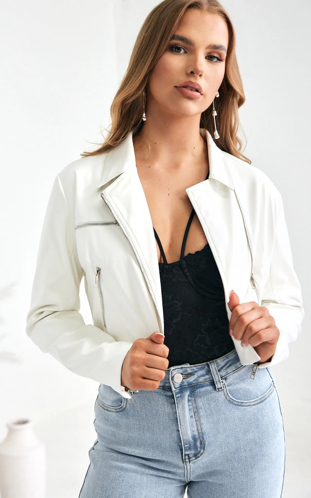 Nicoletta Crop Biker Jacket - White