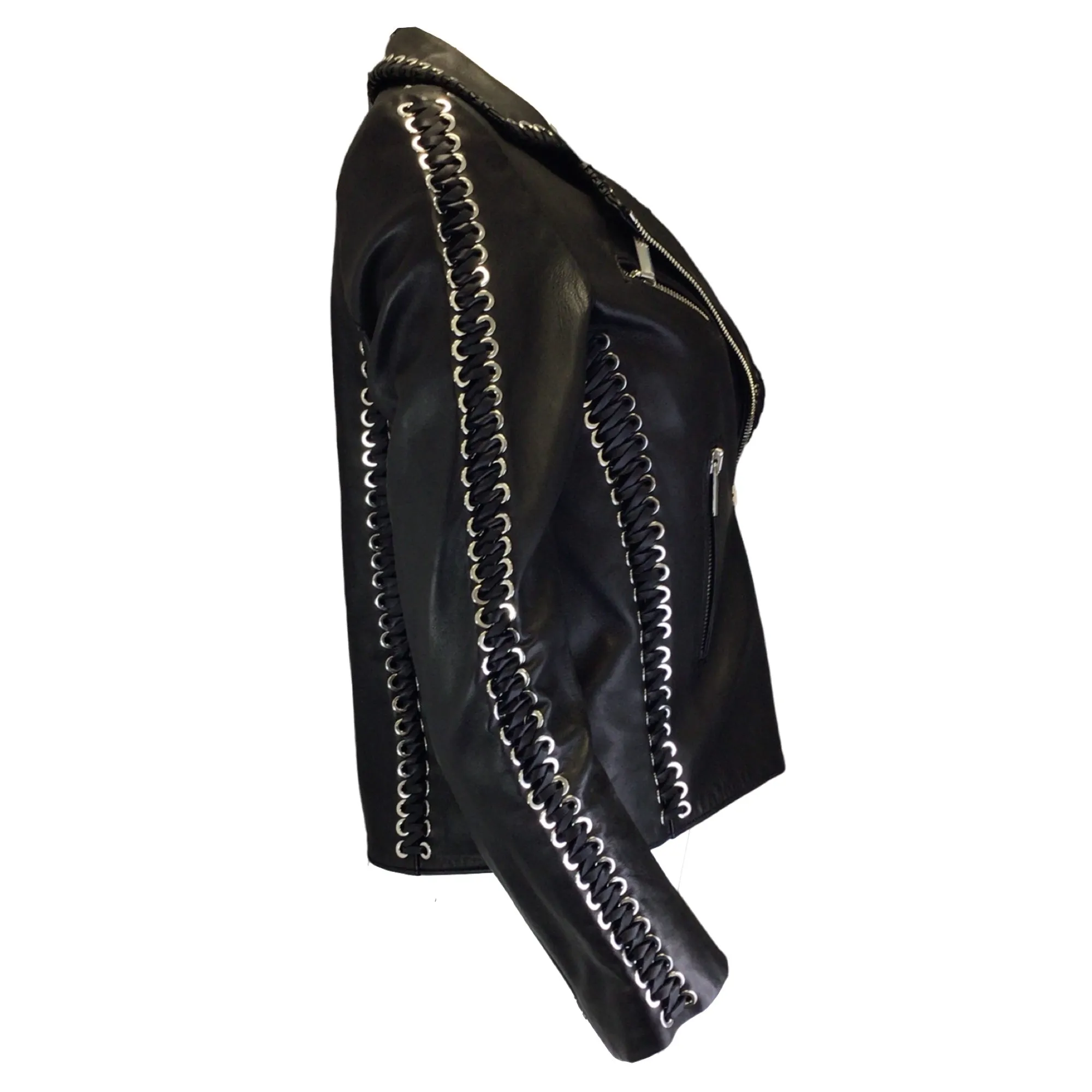 Nour Hammour Black Lace Detail Moto Zip Lambskin Leather Jacket