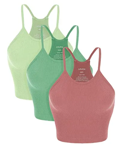 ODODOS Women's Crop Camisole 3-Pack Washed Seamless Rib-Knit Crop Tank Tops, Long Crop, Watermelon Emerald Mint, X-Large/XX-Large