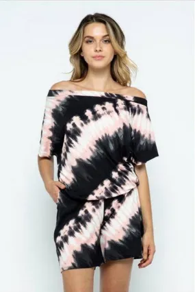 Off The Shoulder Tie Dye Pocket Romper