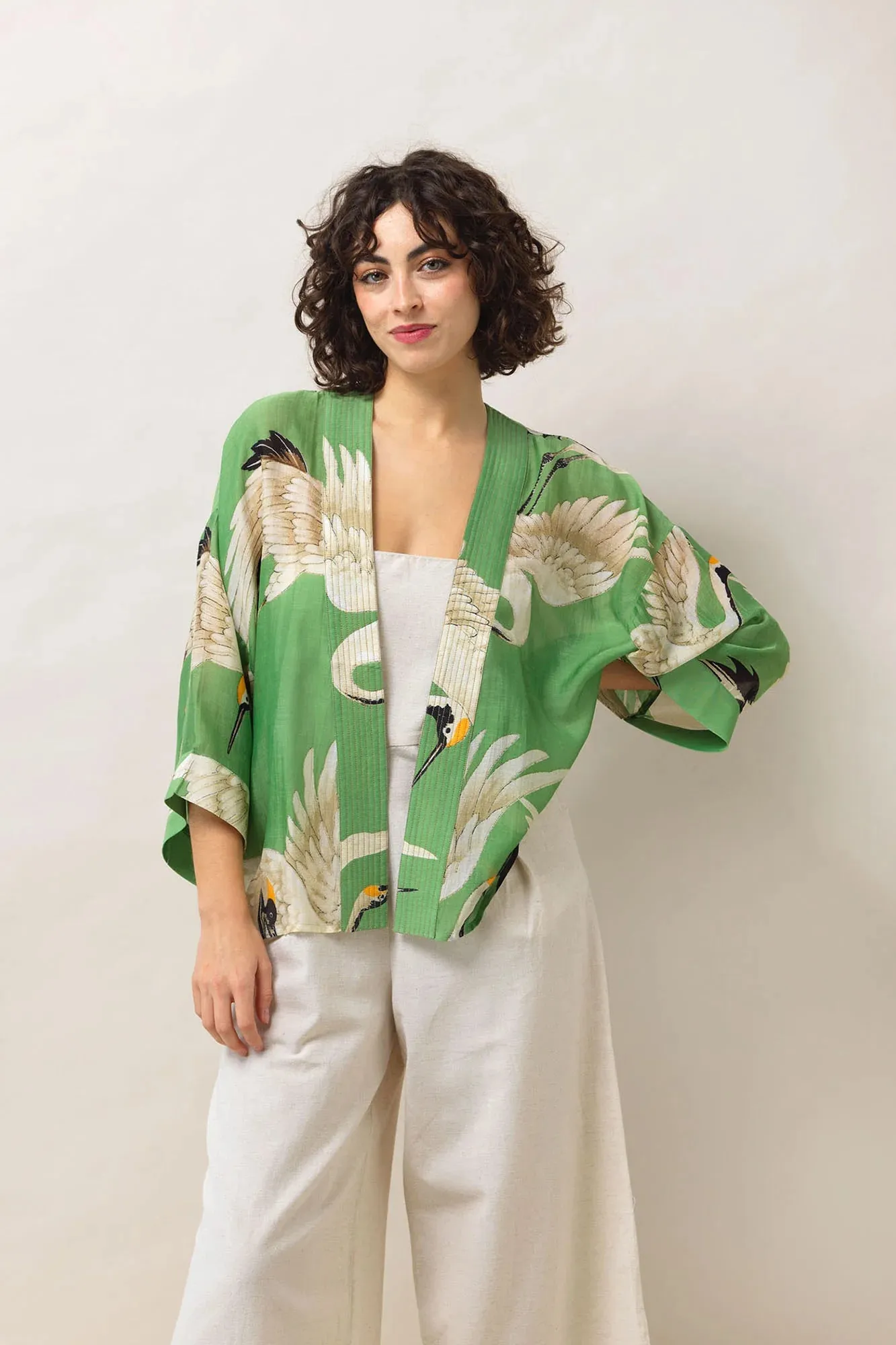 One Hundred Stars Stork Pea Green Mini Kimono