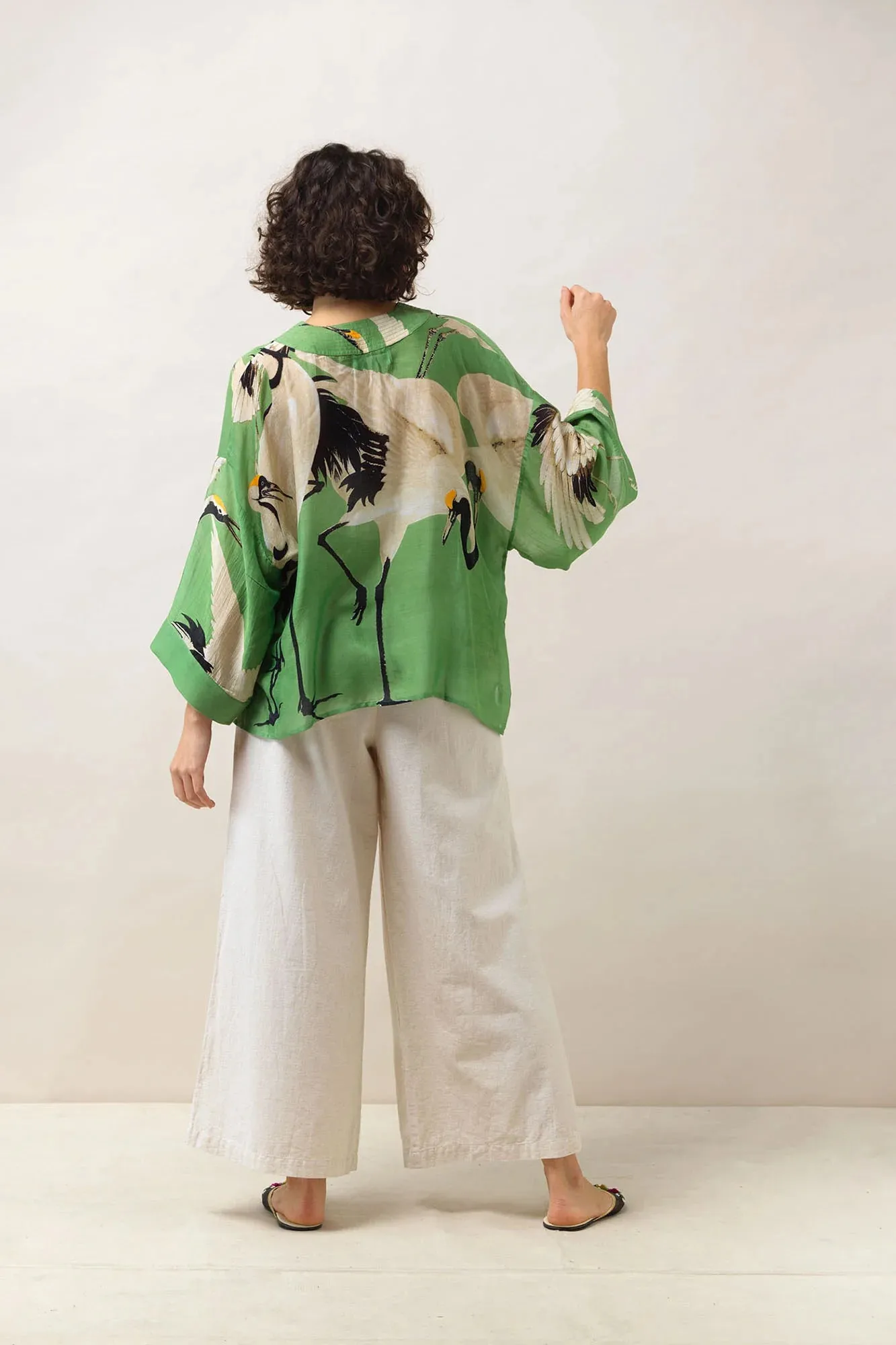 One Hundred Stars Stork Pea Green Mini Kimono