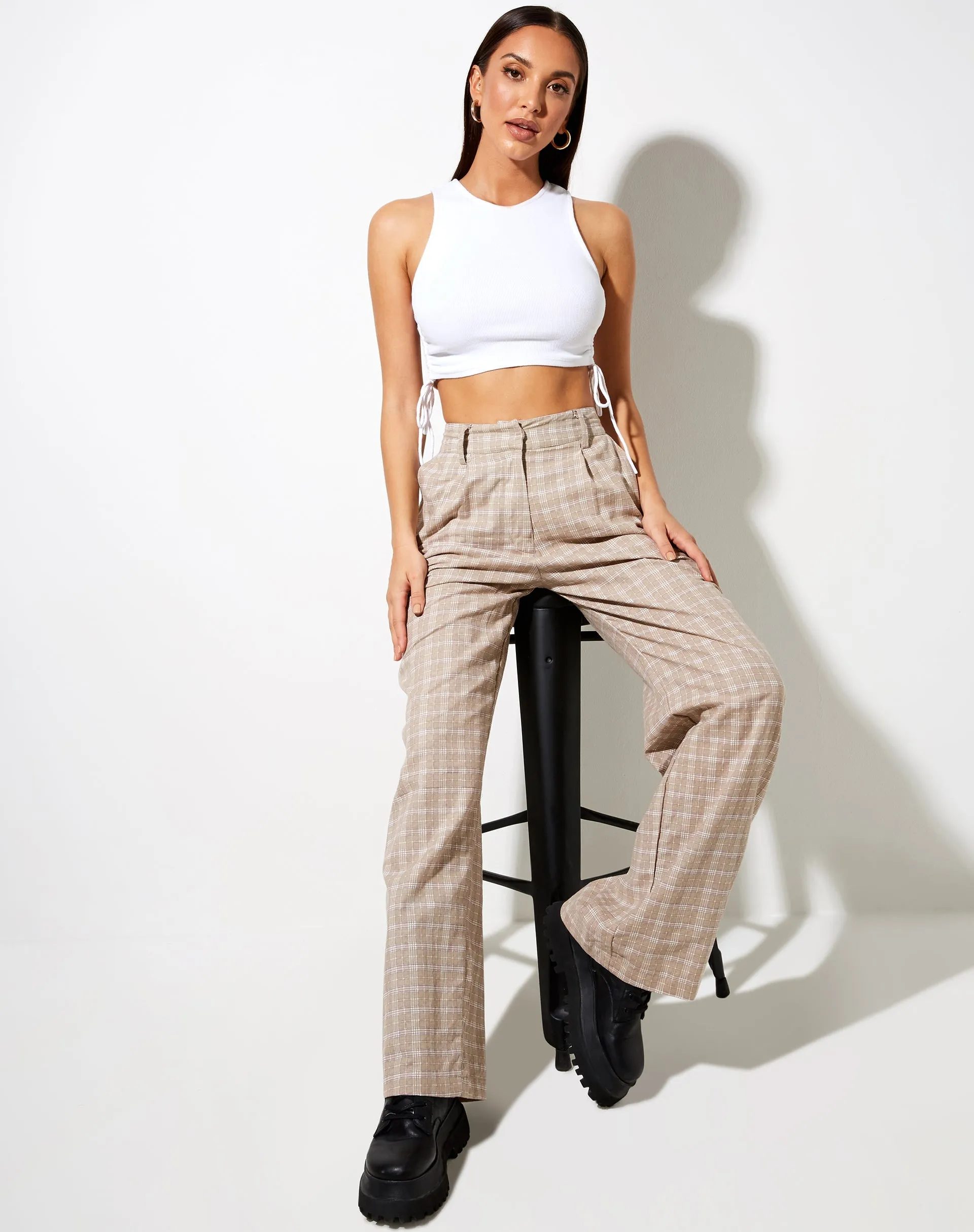 Onfal Wide Leg Trouser in Taupe Check