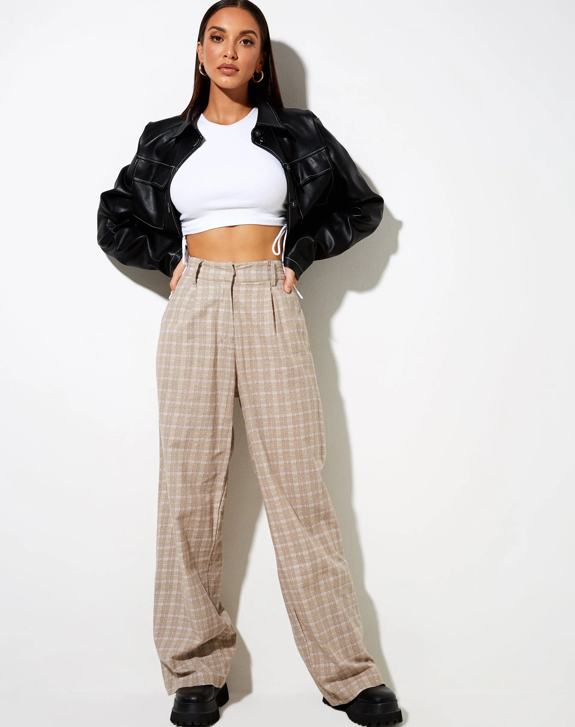 Onfal Wide Leg Trouser in Taupe Check