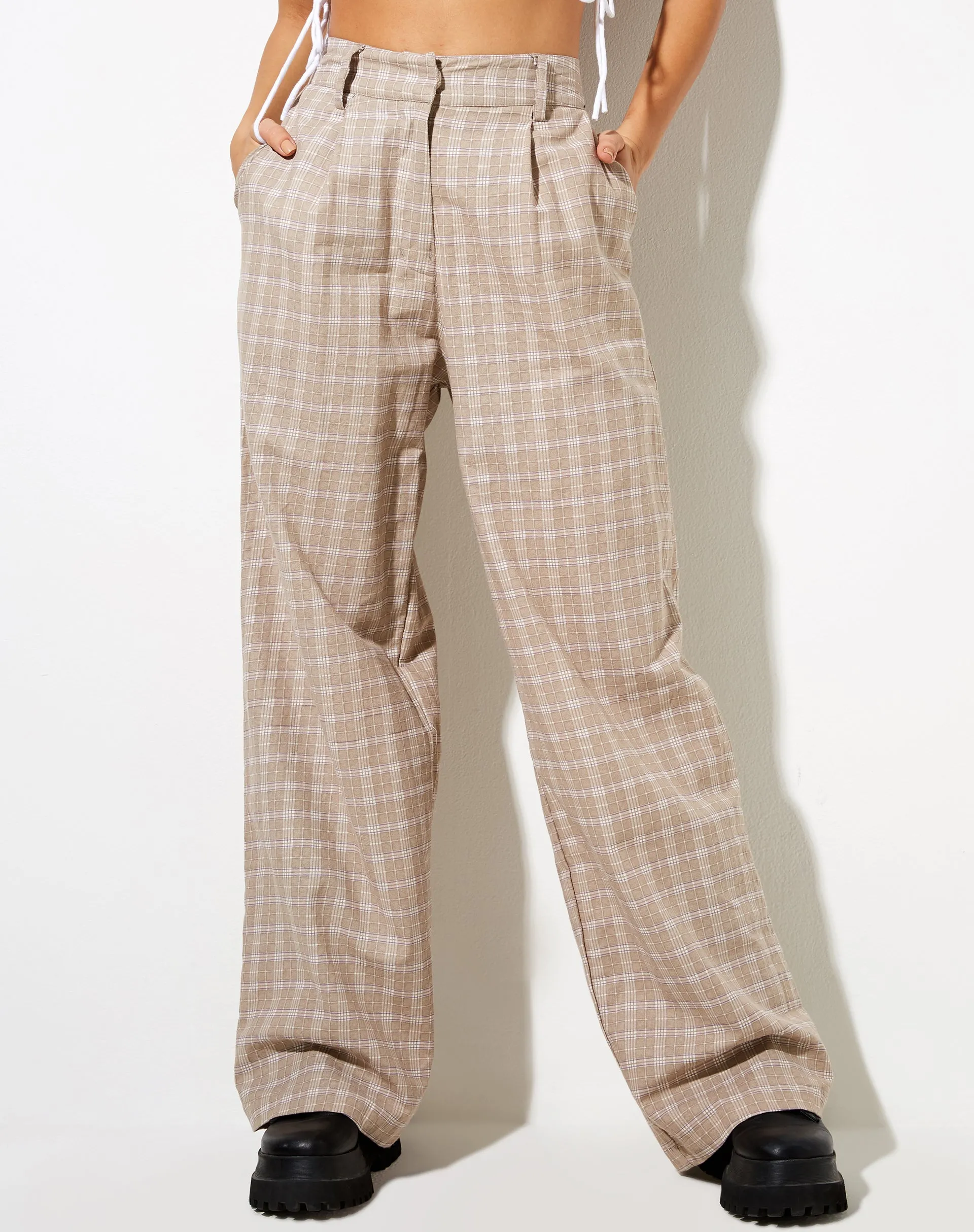 Onfal Wide Leg Trouser in Taupe Check