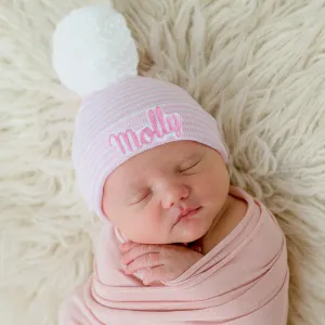 Personalized Shadow Stitch Pink and White Striped Newborn Baby Girl Hospital Beanie with White Pom Pom Hat Infant Hat Newborn Hat