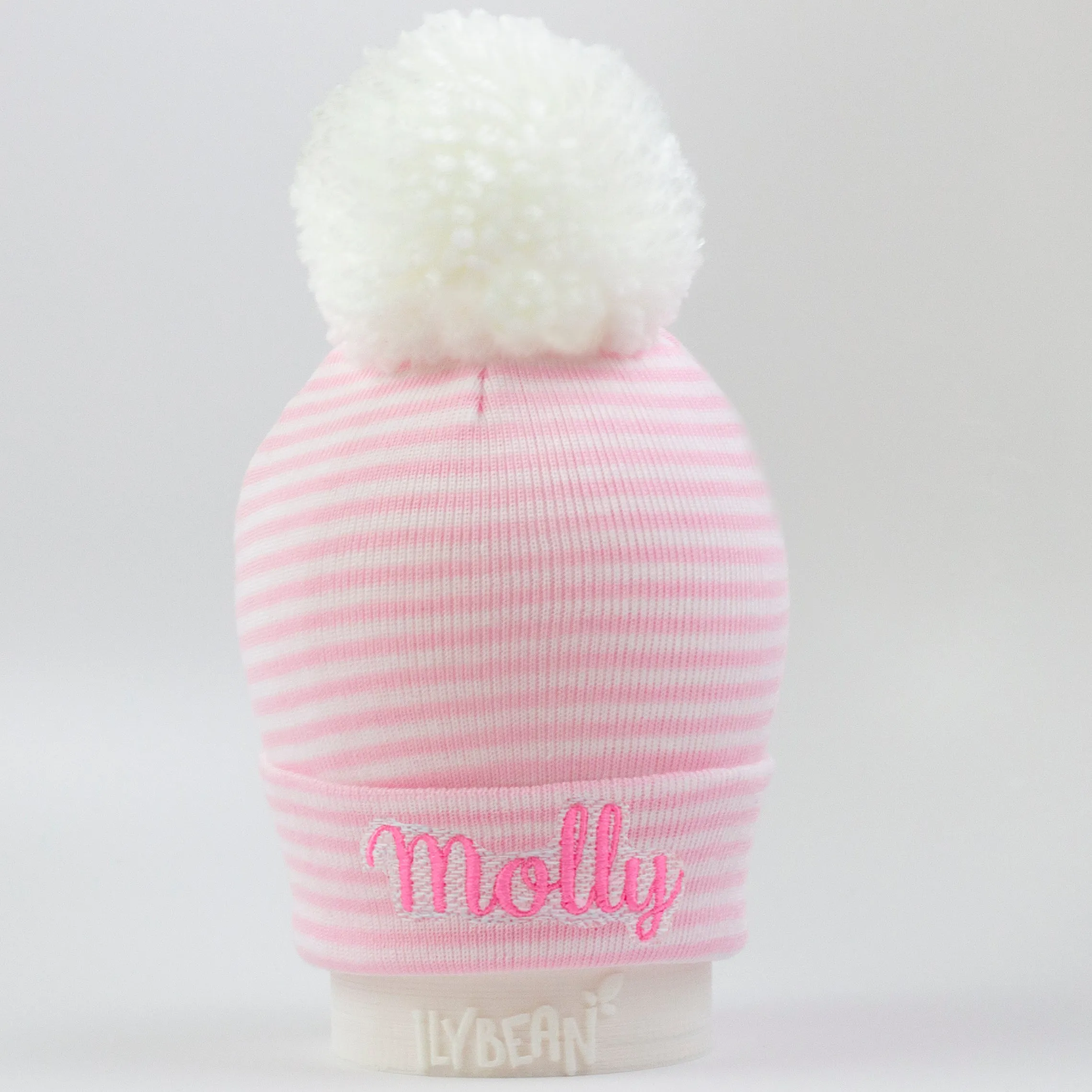 Personalized Shadow Stitch Pink and White Striped Newborn Baby Girl Hospital Beanie with White Pom Pom Hat Infant Hat Newborn Hat