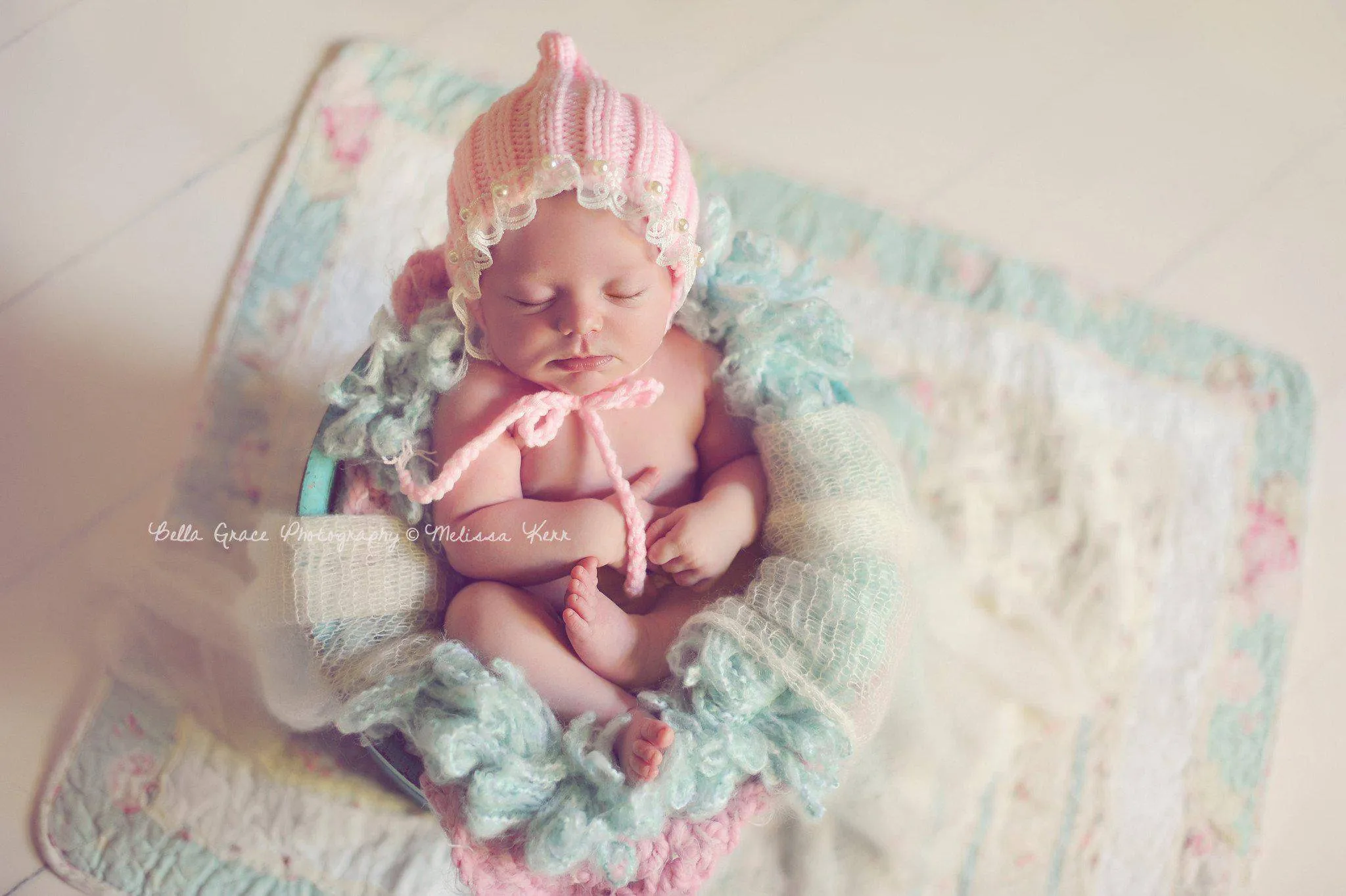 Pink Lace Pearl Cotton Knit Baby Bonnet