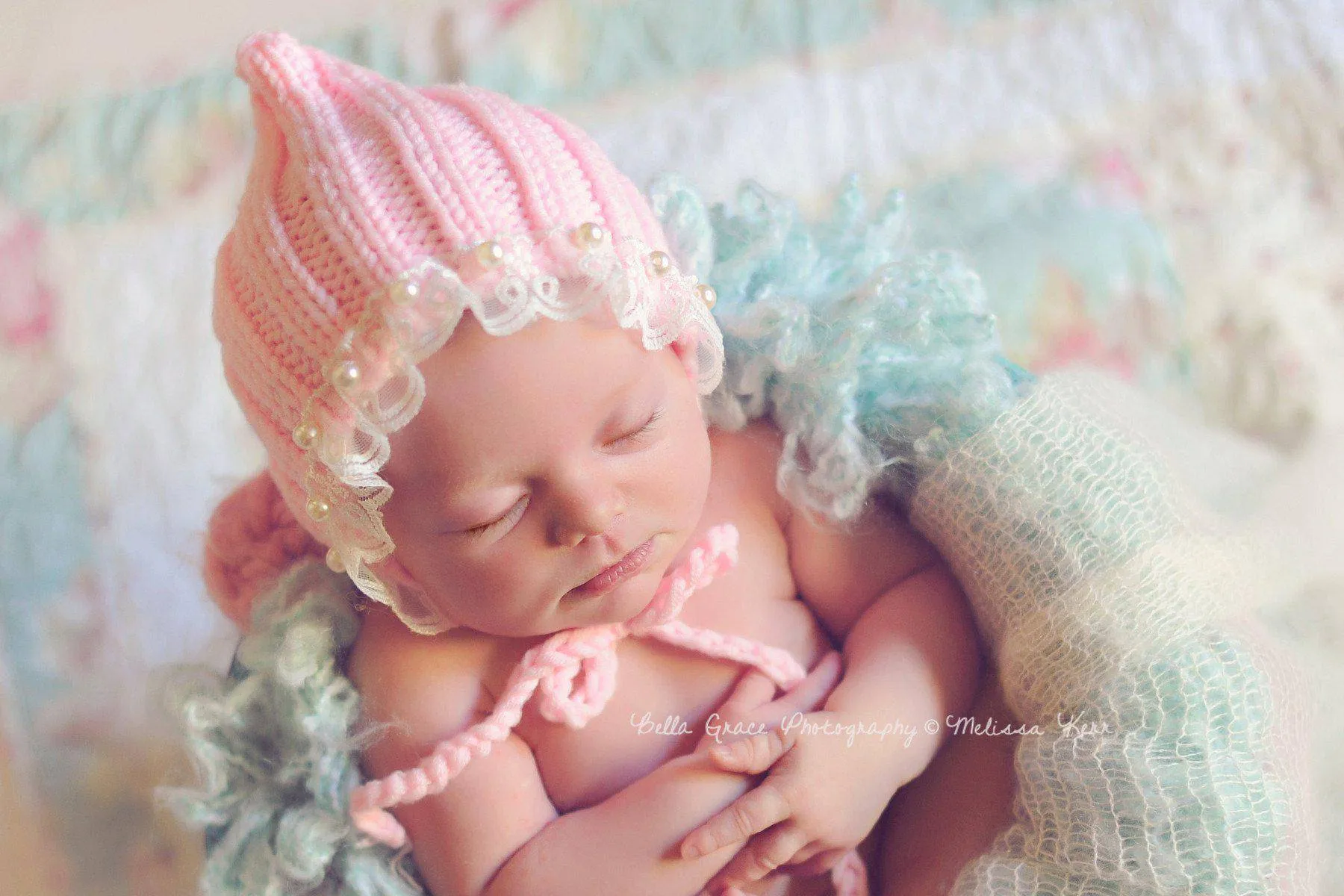 Pink Lace Pearl Cotton Knit Baby Bonnet