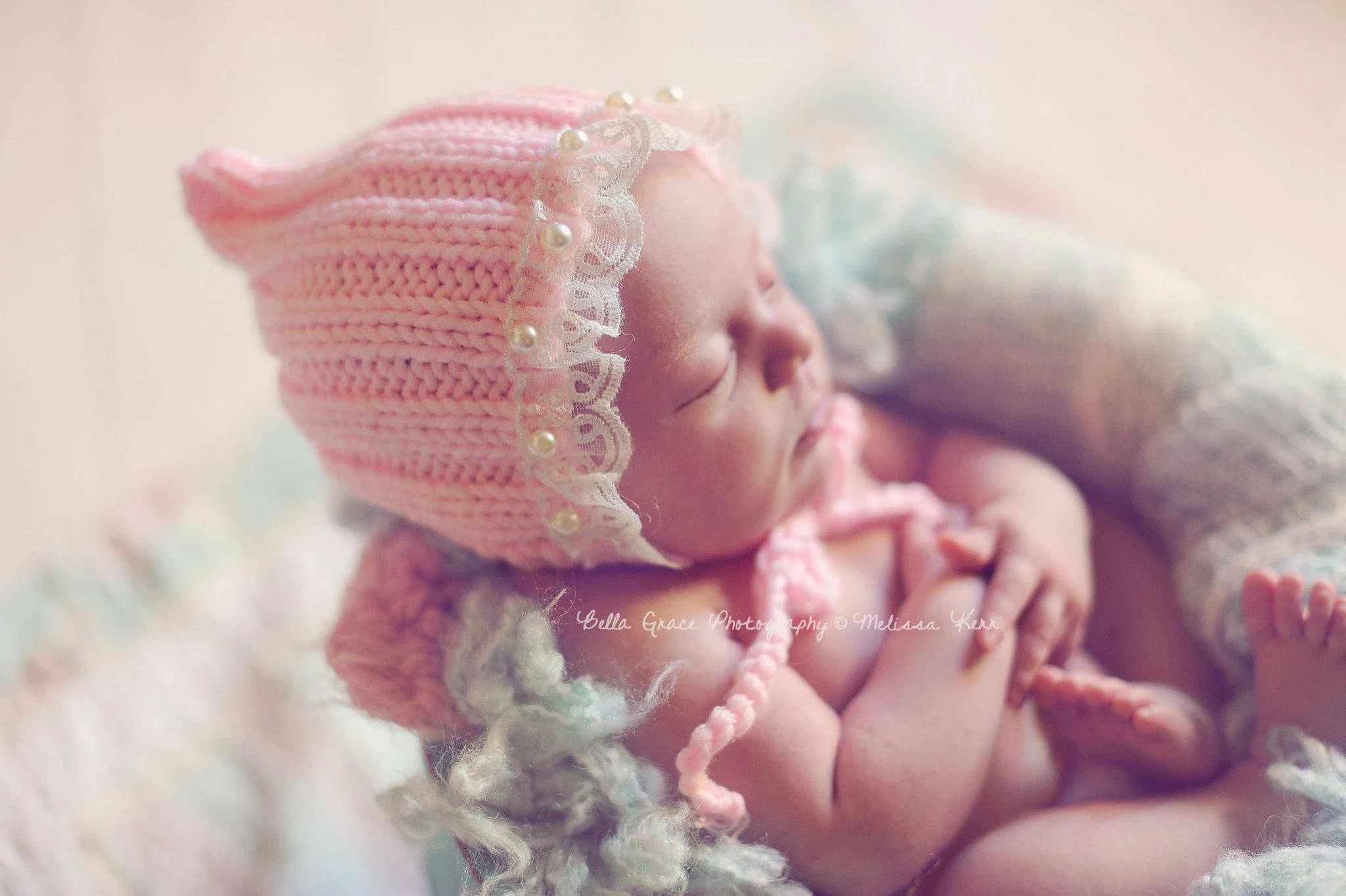 Pink Lace Pearl Cotton Knit Baby Bonnet