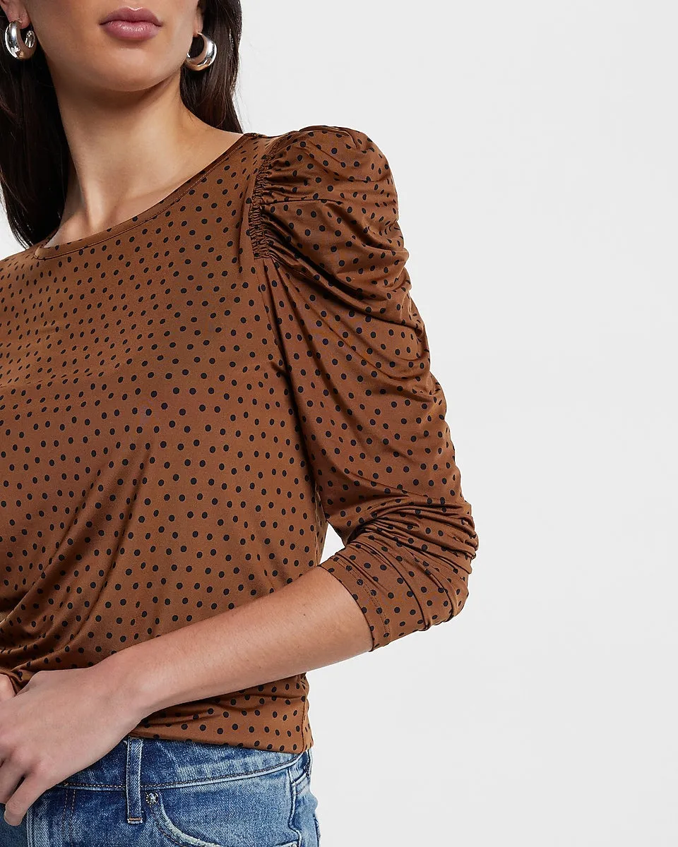 Polka Dot Sheen Jersey Long Sleeve Puff Shoulder Top in Neutral Print