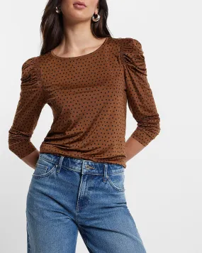 Polka Dot Sheen Jersey Long Sleeve Puff Shoulder Top in Neutral Print