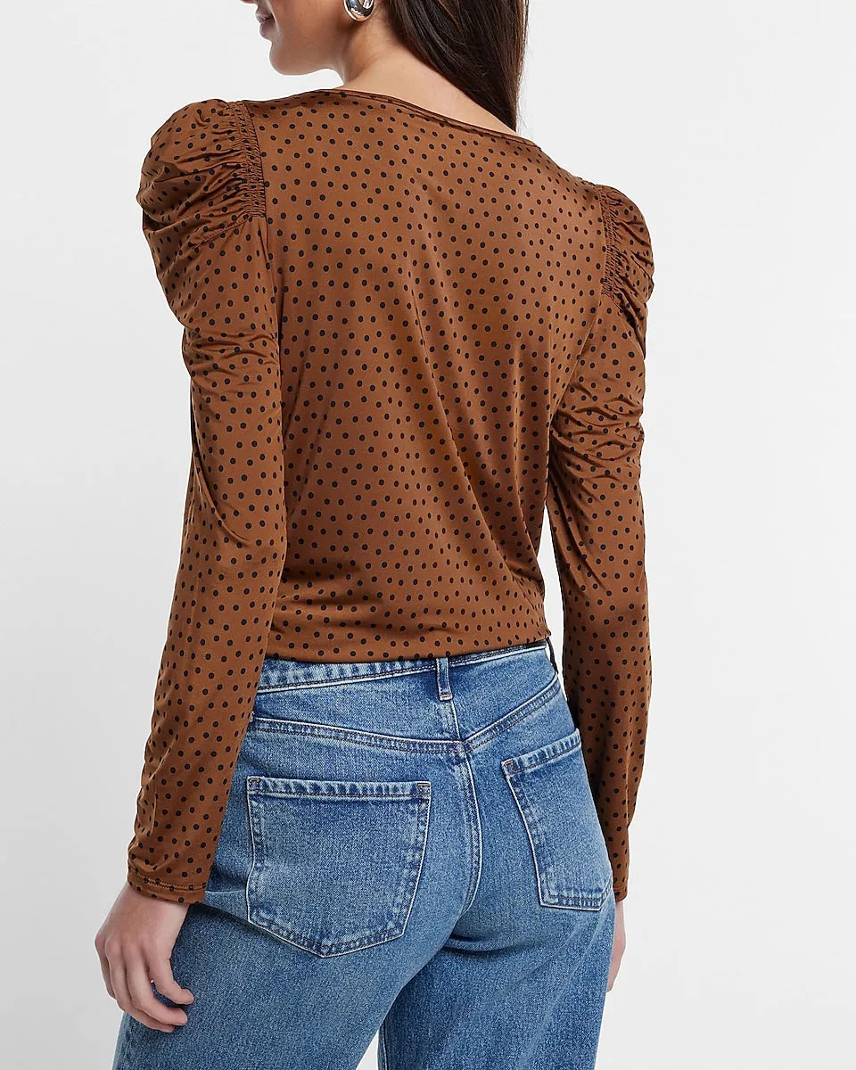 Polka Dot Sheen Jersey Long Sleeve Puff Shoulder Top in Neutral Print