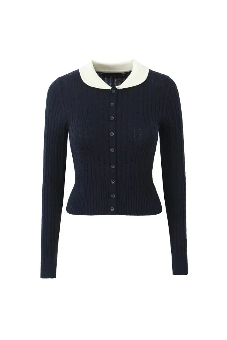 Preppy Contrast Peter Pan Collar Cable Knit Button Up Cropped Cardigan