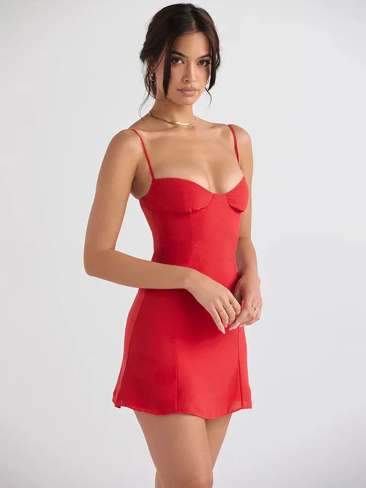 Red Short A-Line Summer Slim Sling Spaghetti Strap Strapless Backless Mini Dress