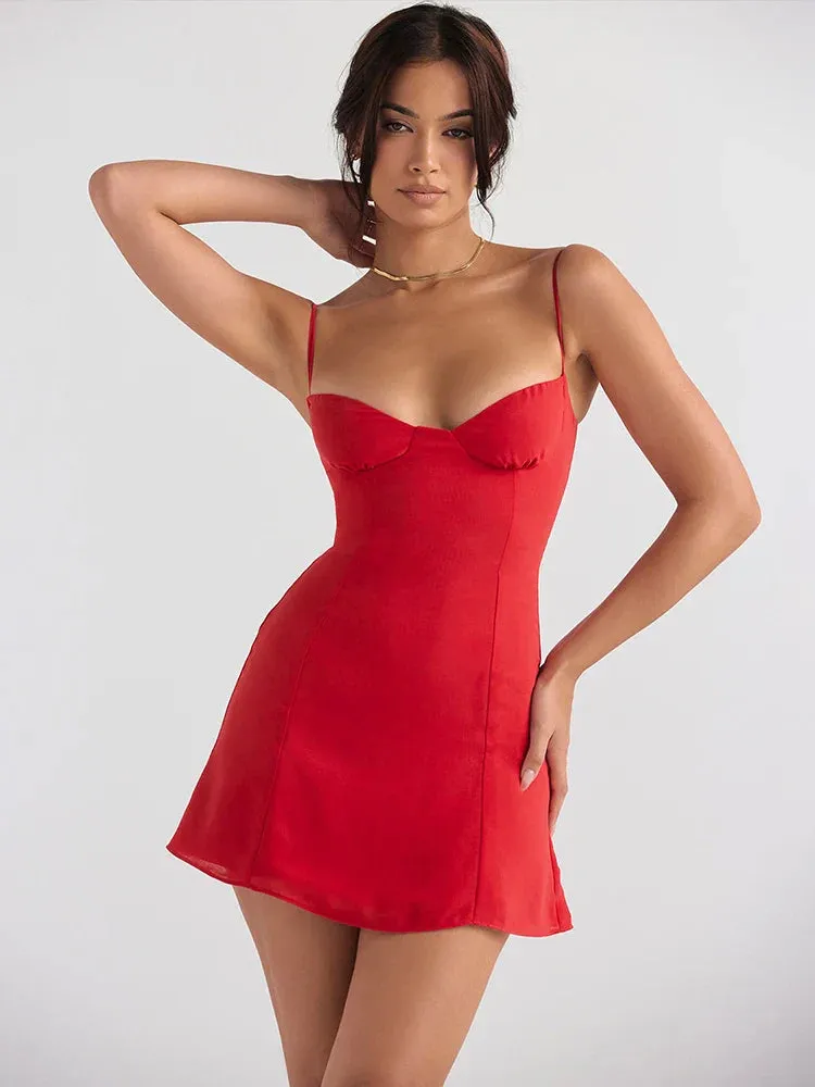 Red Short A-Line Summer Slim Sling Spaghetti Strap Strapless Backless Mini Dress