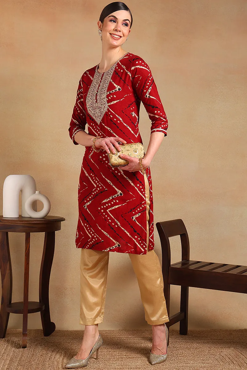 Red Viscose Rayon Chevron Printed Straight Kurta