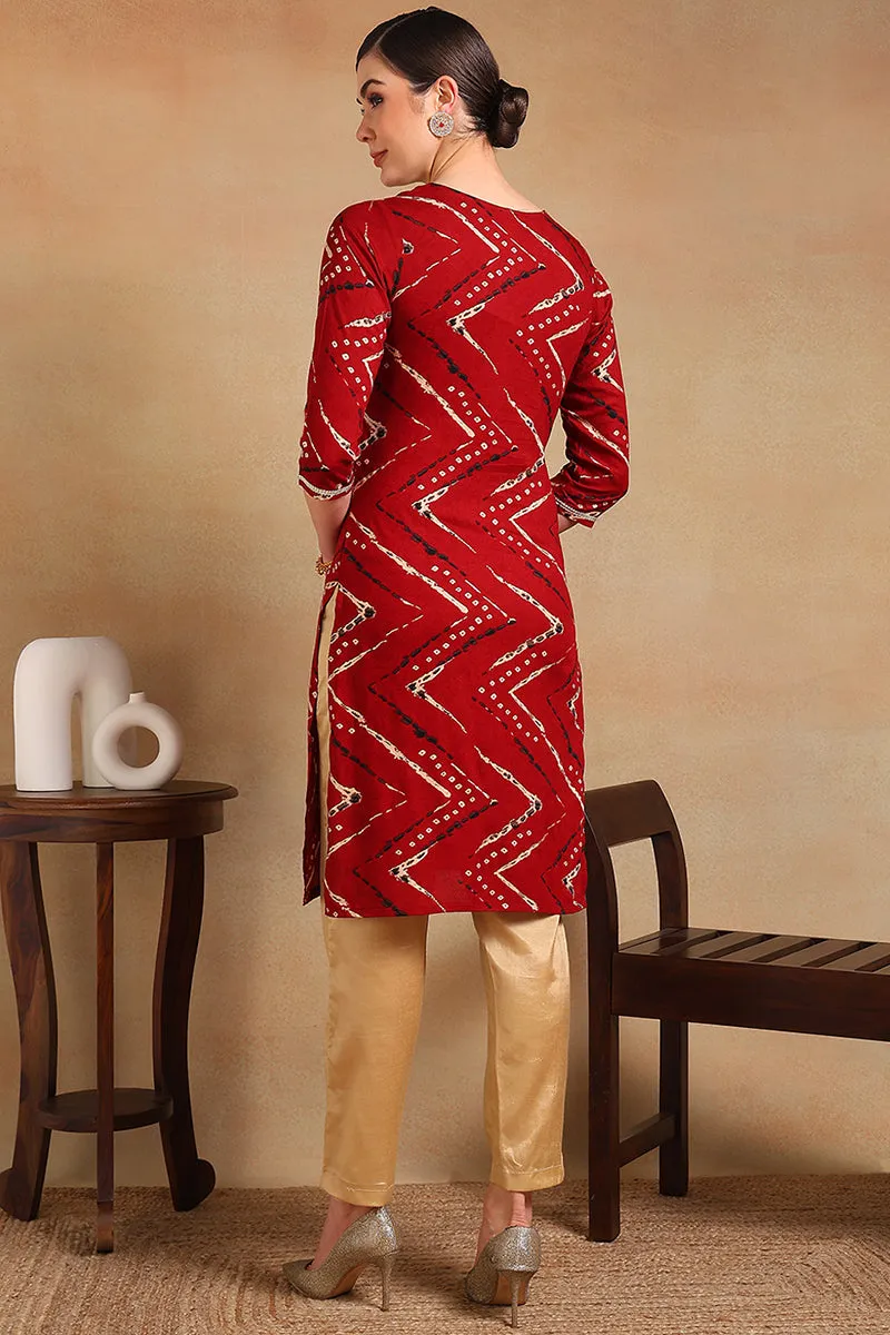 Red Viscose Rayon Chevron Printed Straight Kurta