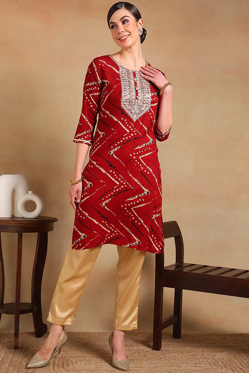 Red Viscose Rayon Chevron Printed Straight Kurta