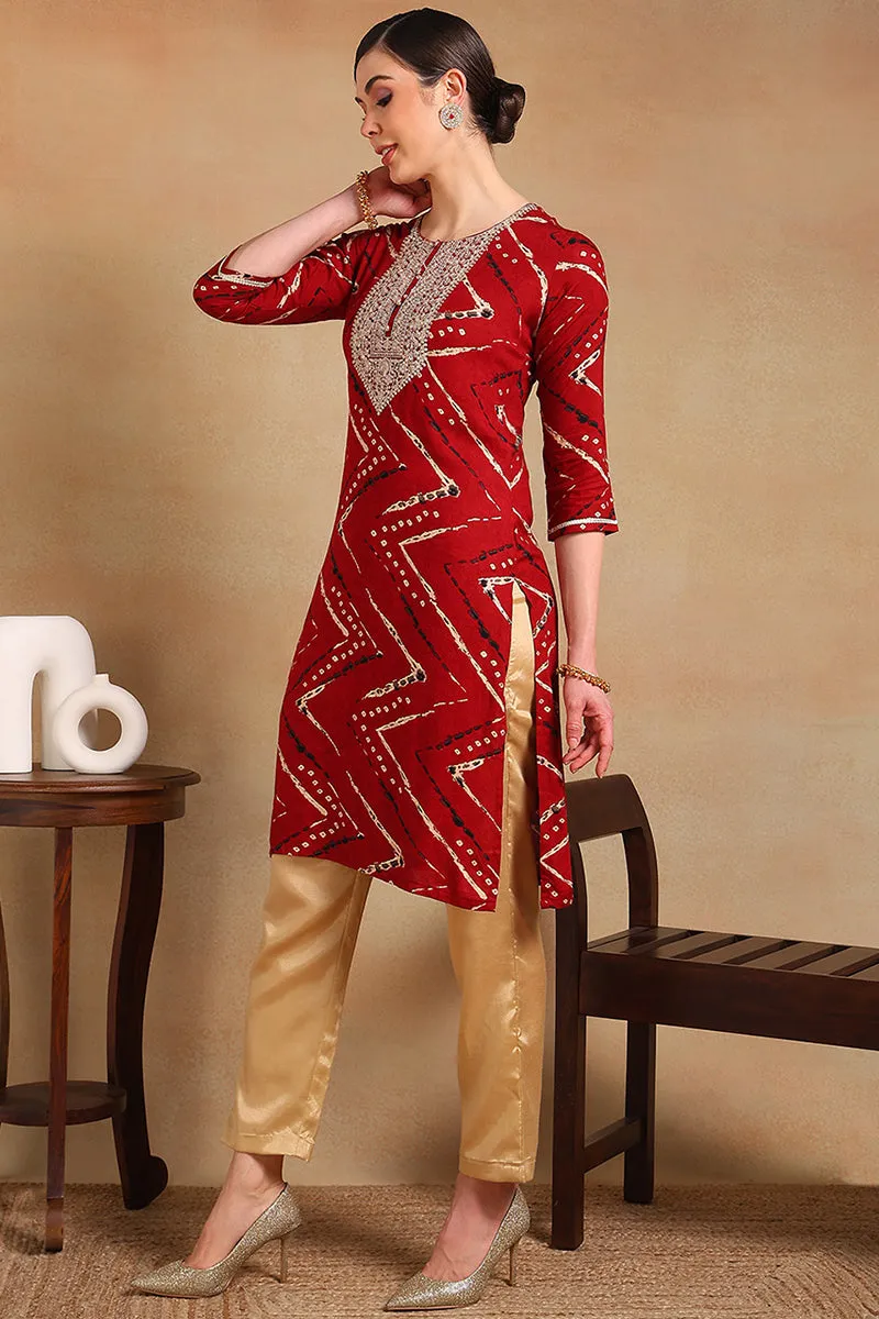 Red Viscose Rayon Chevron Printed Straight Kurta