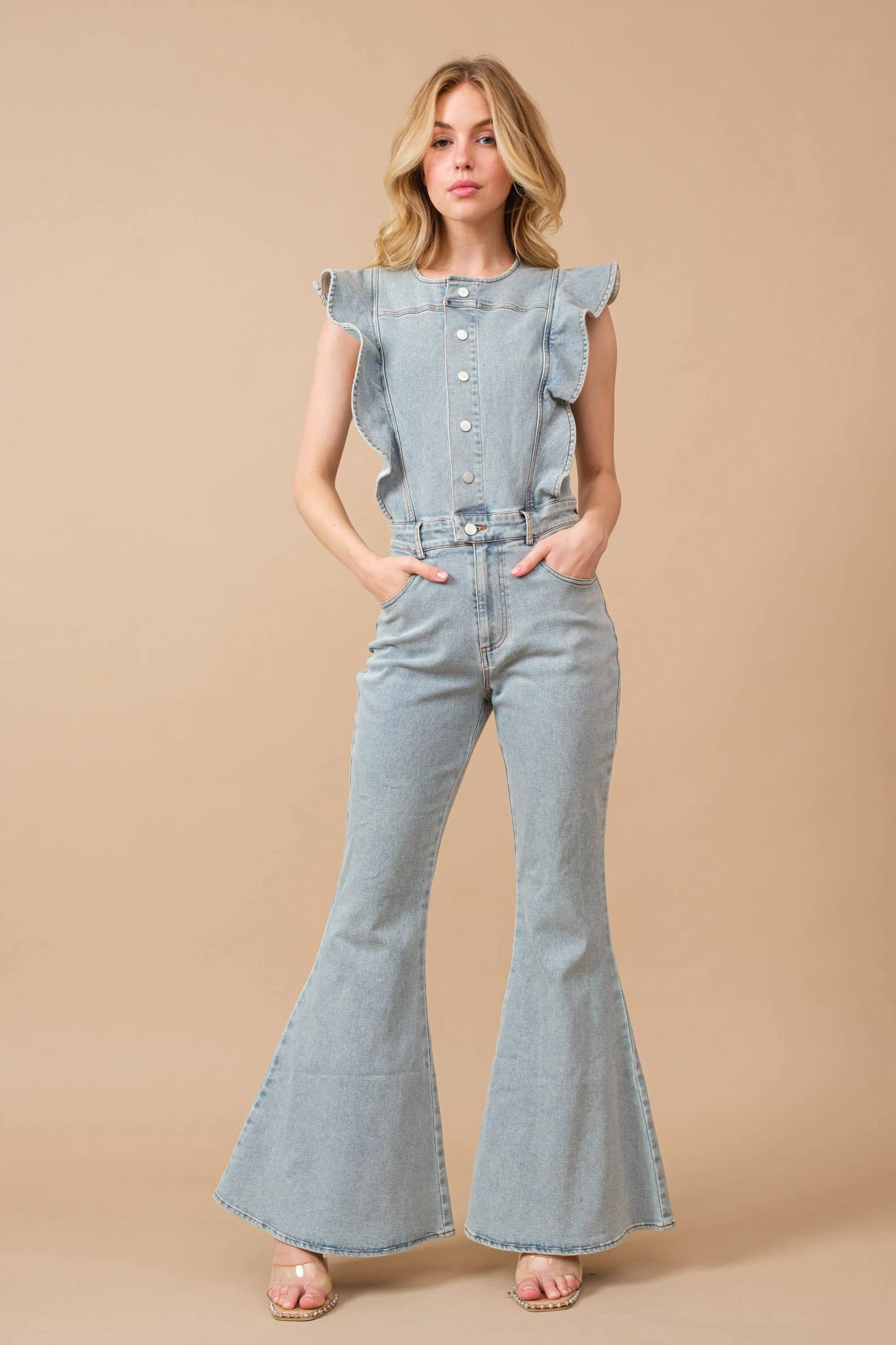 Ruffle Bell Bottom Denim Jumpsuit