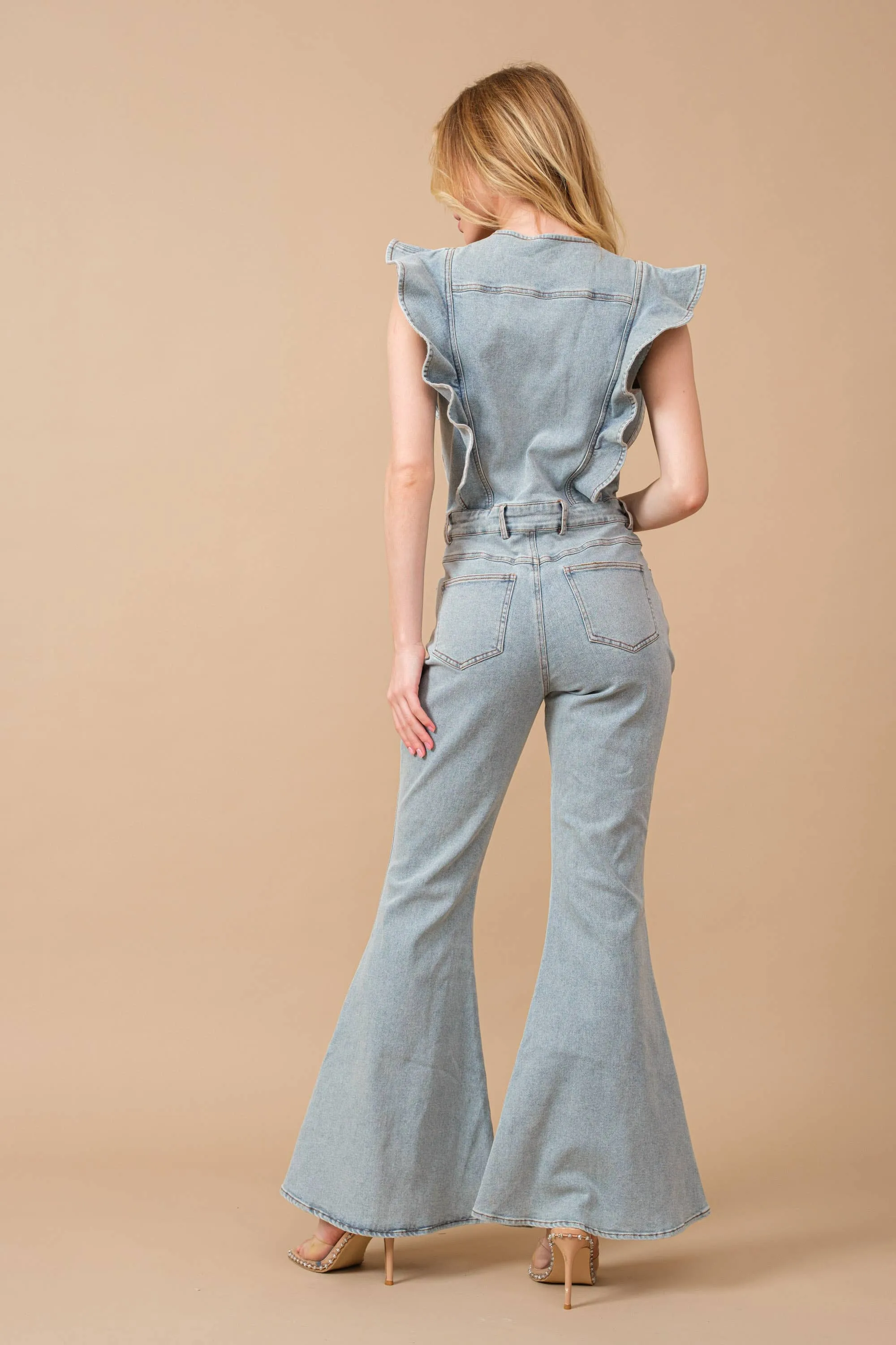 Ruffle Bell Bottom Denim Jumpsuit