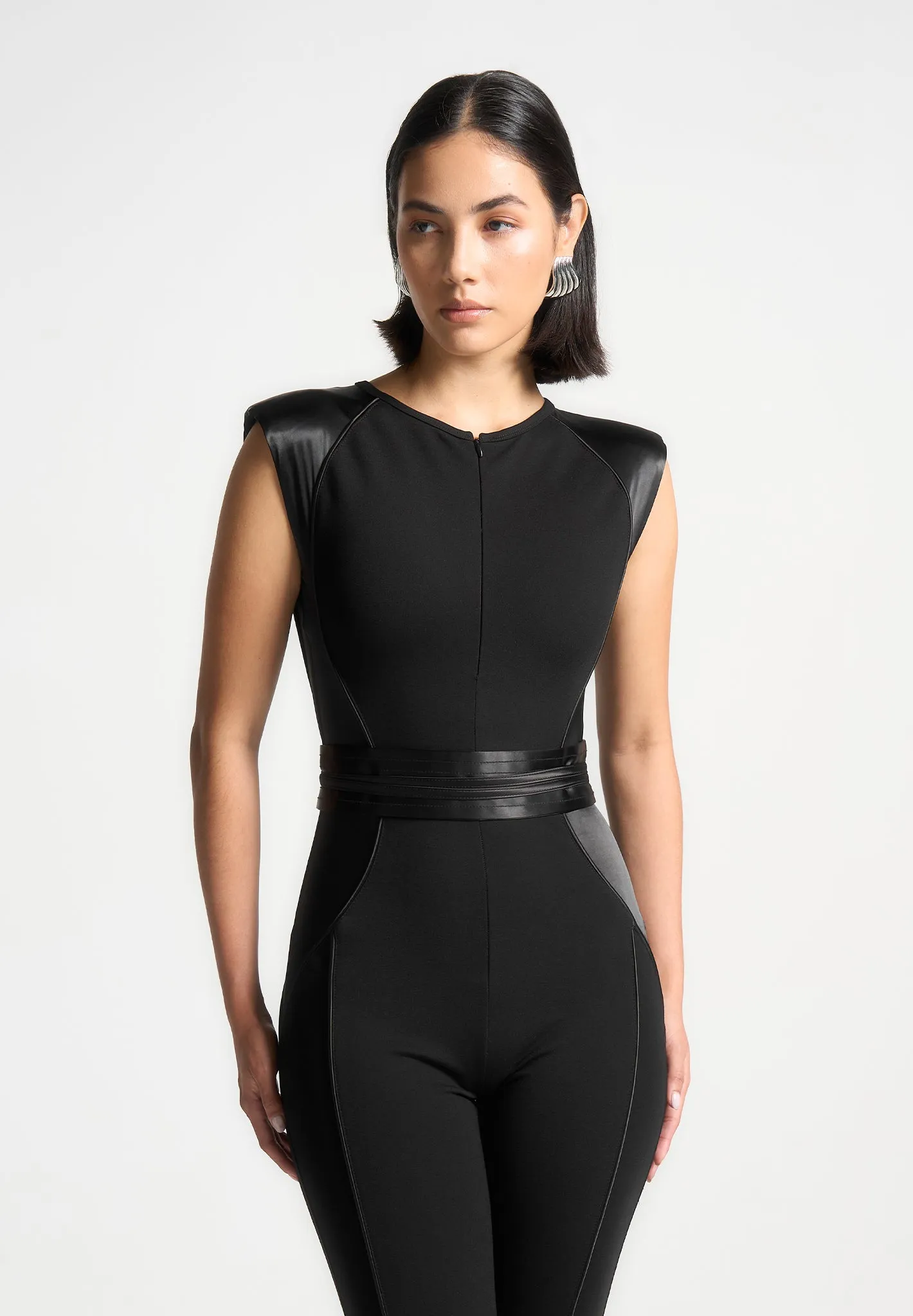 Satin Contour Flared Jumpsuit - Black