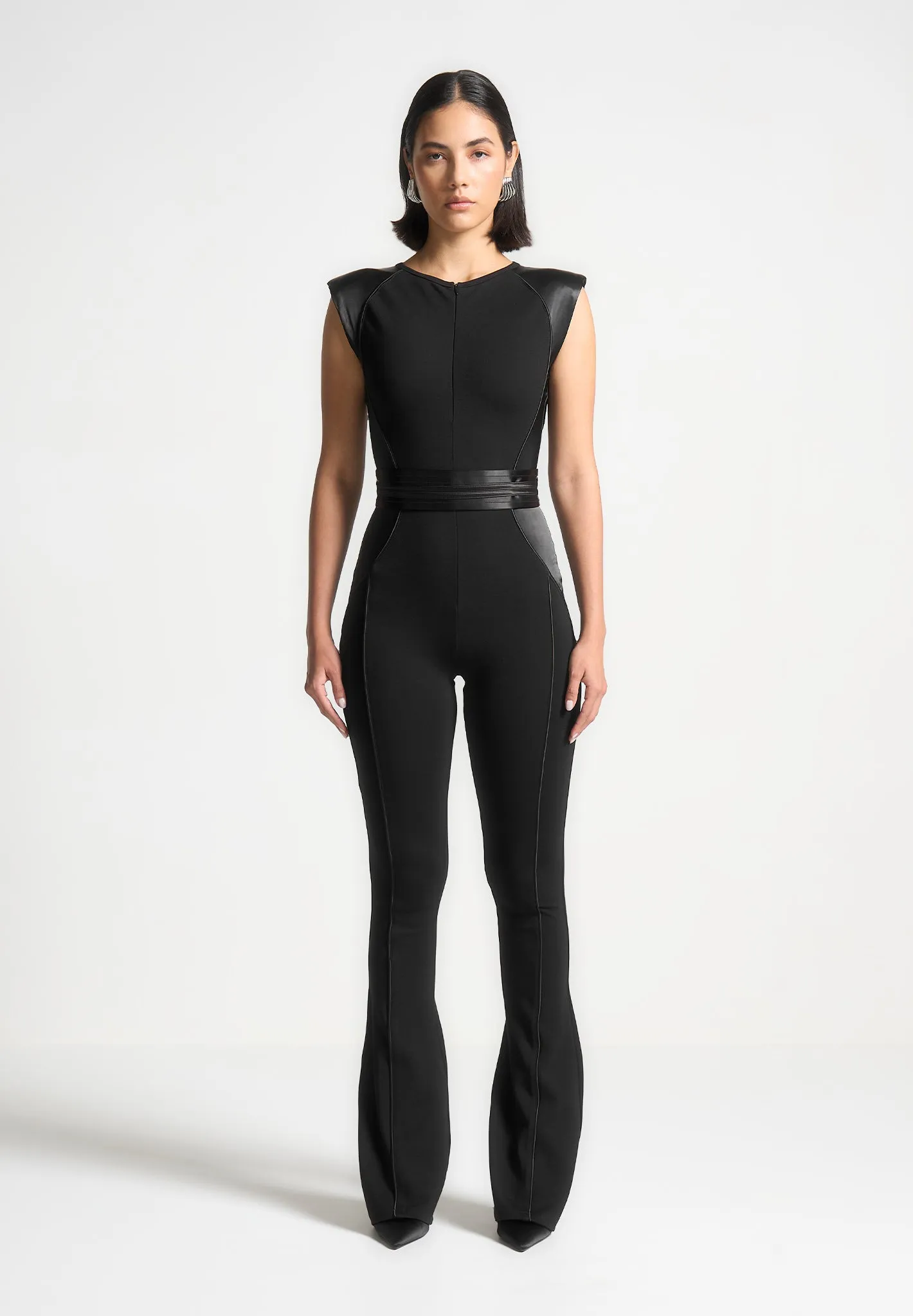 Satin Contour Flared Jumpsuit - Black