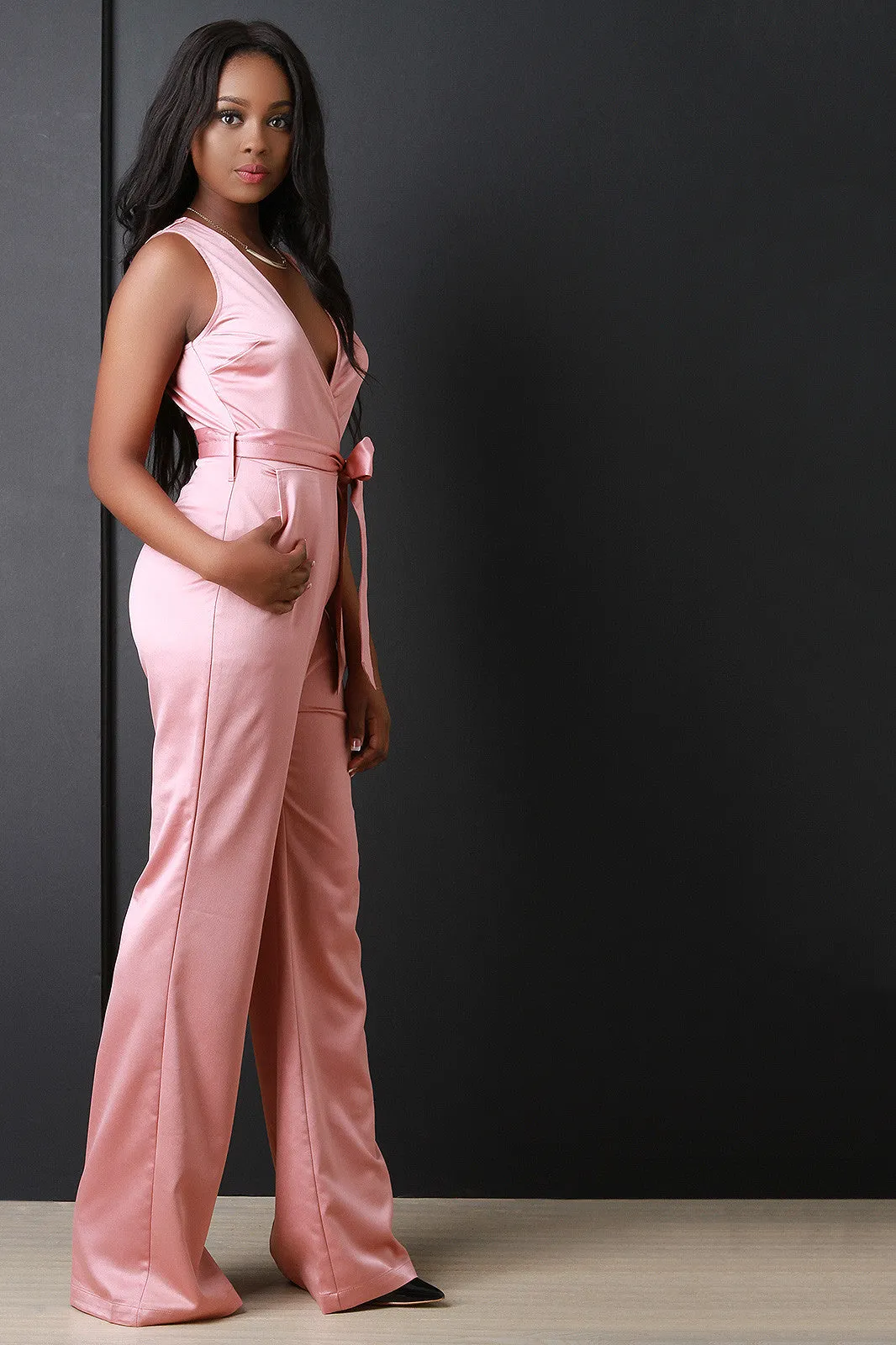 Satin Surplice Wide Leg Jumpsuit