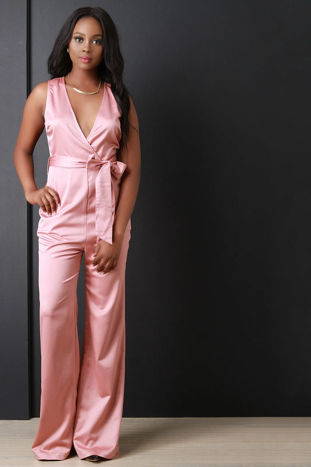 Satin Surplice Wide Leg Jumpsuit