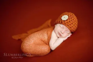 SET Pumpkin Orange Button Beanie Hat and Stretch Knit Wrap