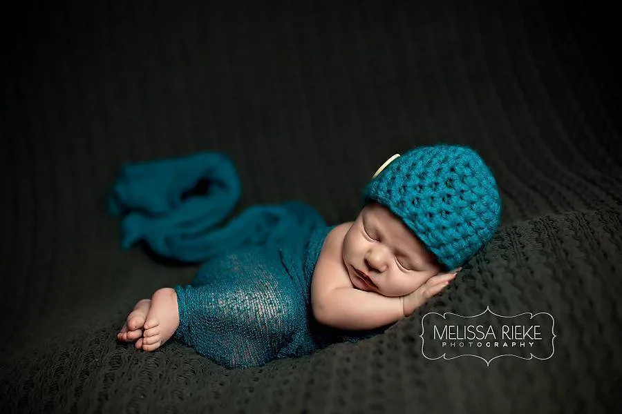 SET Teal Blue Newborn Button Hat and Stretch Knit Wrap