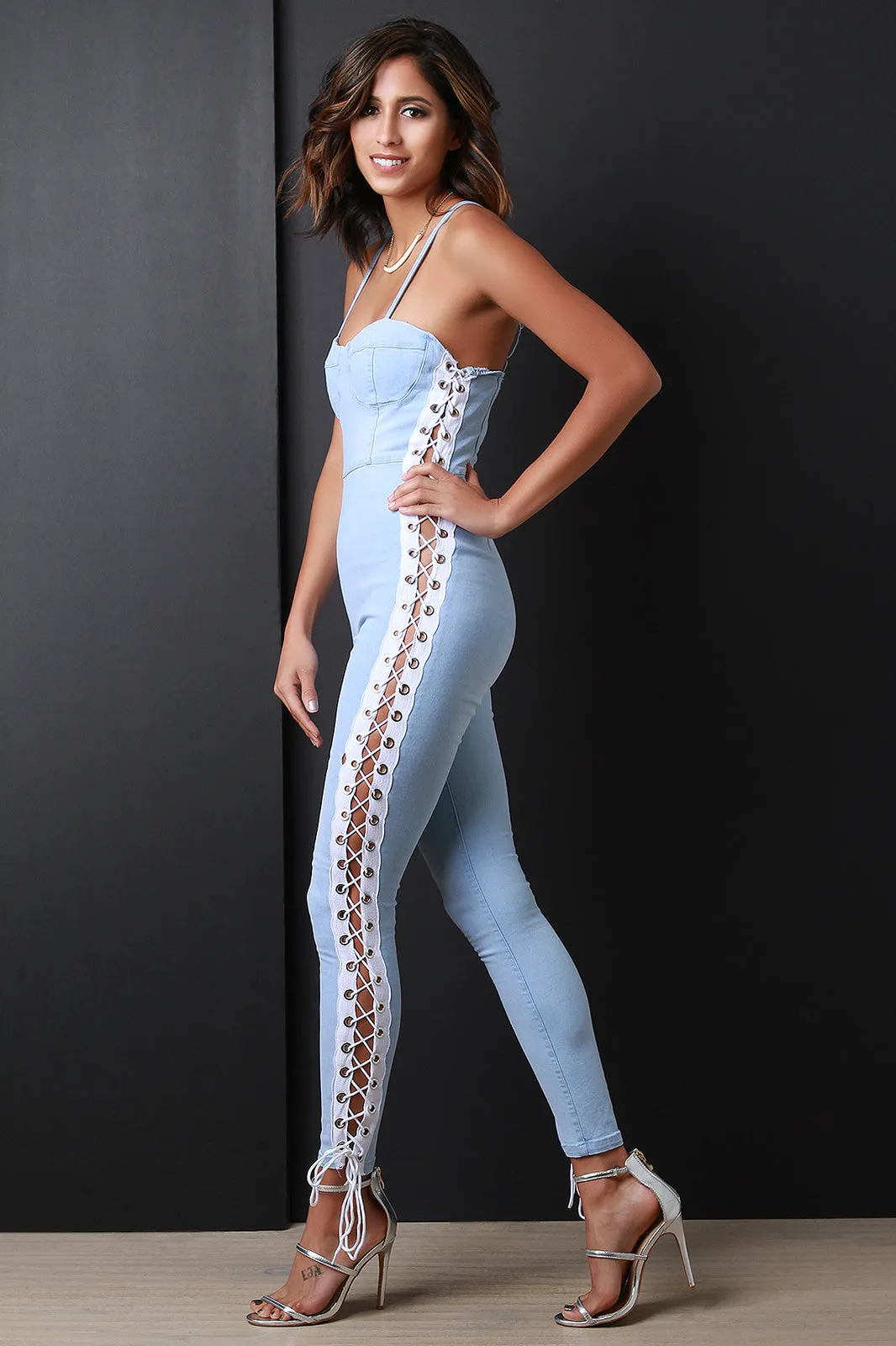 Side Lace-Up Bustier Seam Denim Jumpsuit