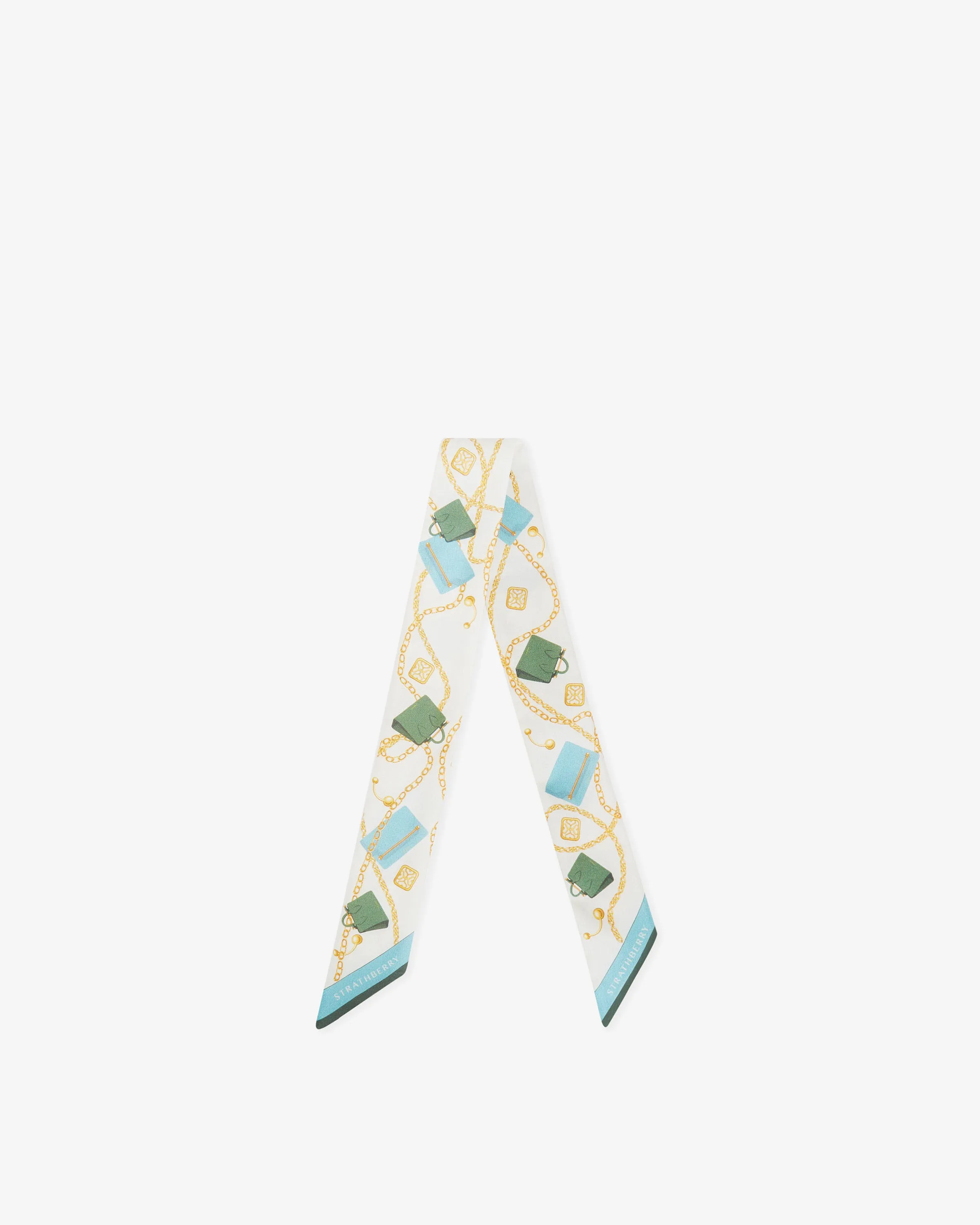 Silk Skinny Scarf - Bag & Chain Print Blue/Green