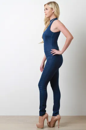 Sleeveless Mock Neck Denim Jumpsuit