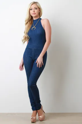 Sleeveless Mock Neck Denim Jumpsuit