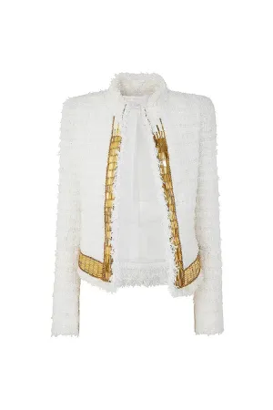 Sparkly Crystal Sequin Embellished Open Front Crop Eyelash Tweed Jacket