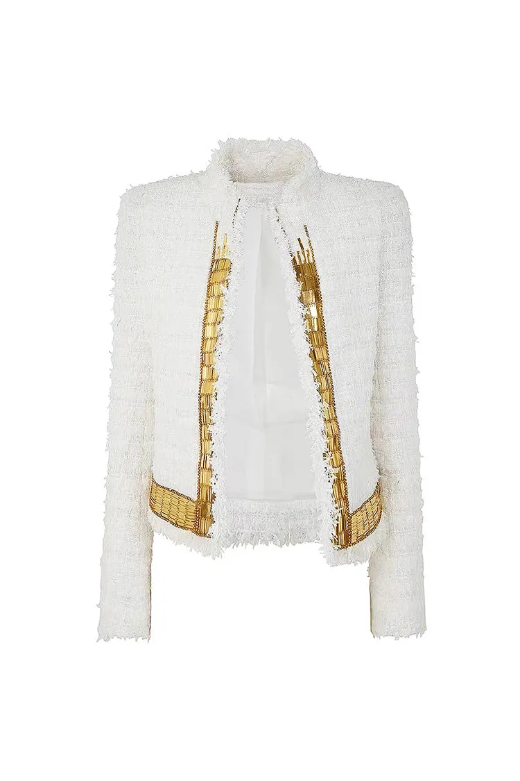 Sparkly Crystal Sequin Embellished Open Front Crop Eyelash Tweed Jacket