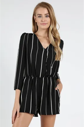 St Thomas V Back Striped Romper, Black